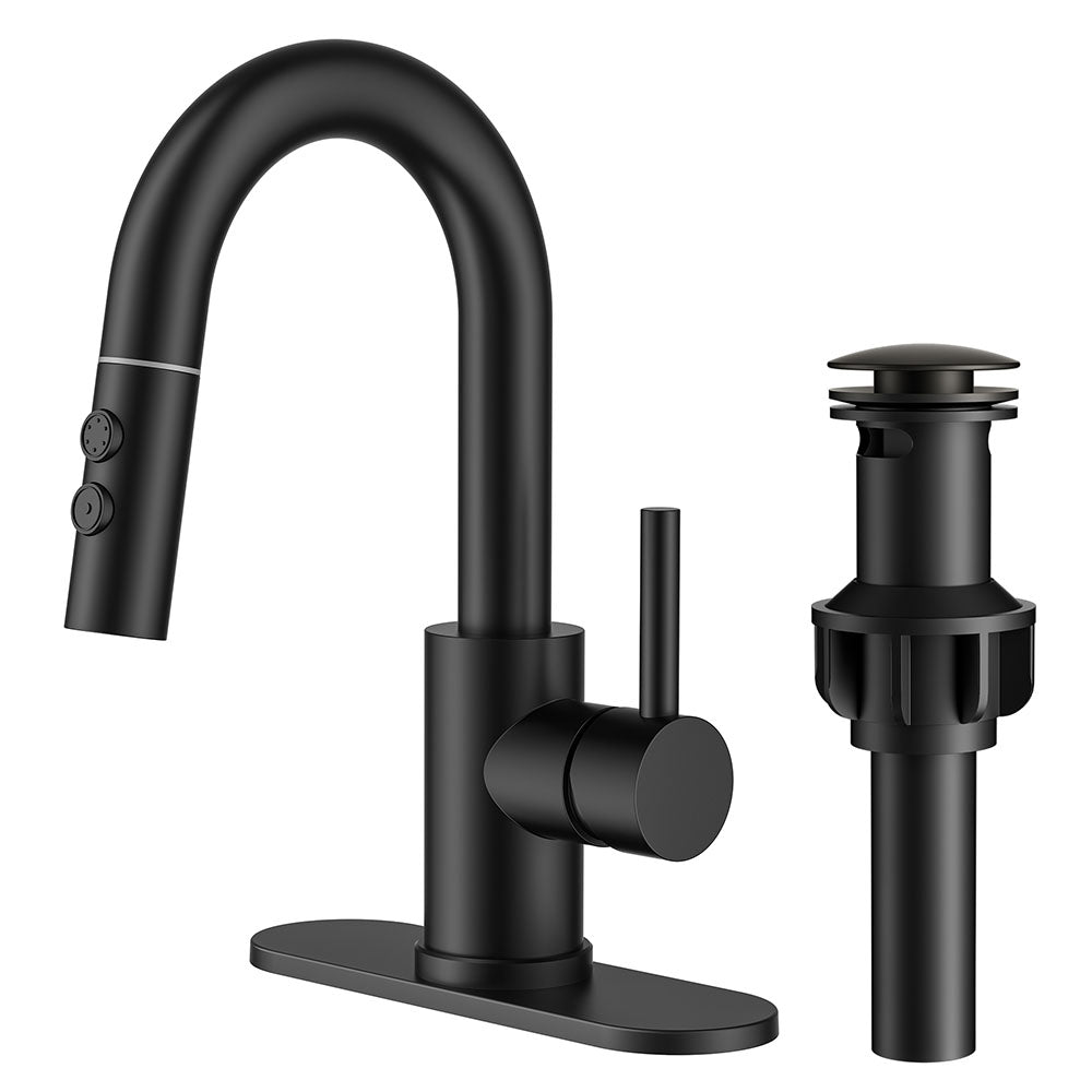 FORIOUS Single Hole Bar Sink Faucet with Pull Down Sprayer, Matte Black Bathroom Faucet for Sink 3 Hole with Pop Up Drain Hose, Suitable for Bath, RV, Laundry, Restroom & Utility Sink