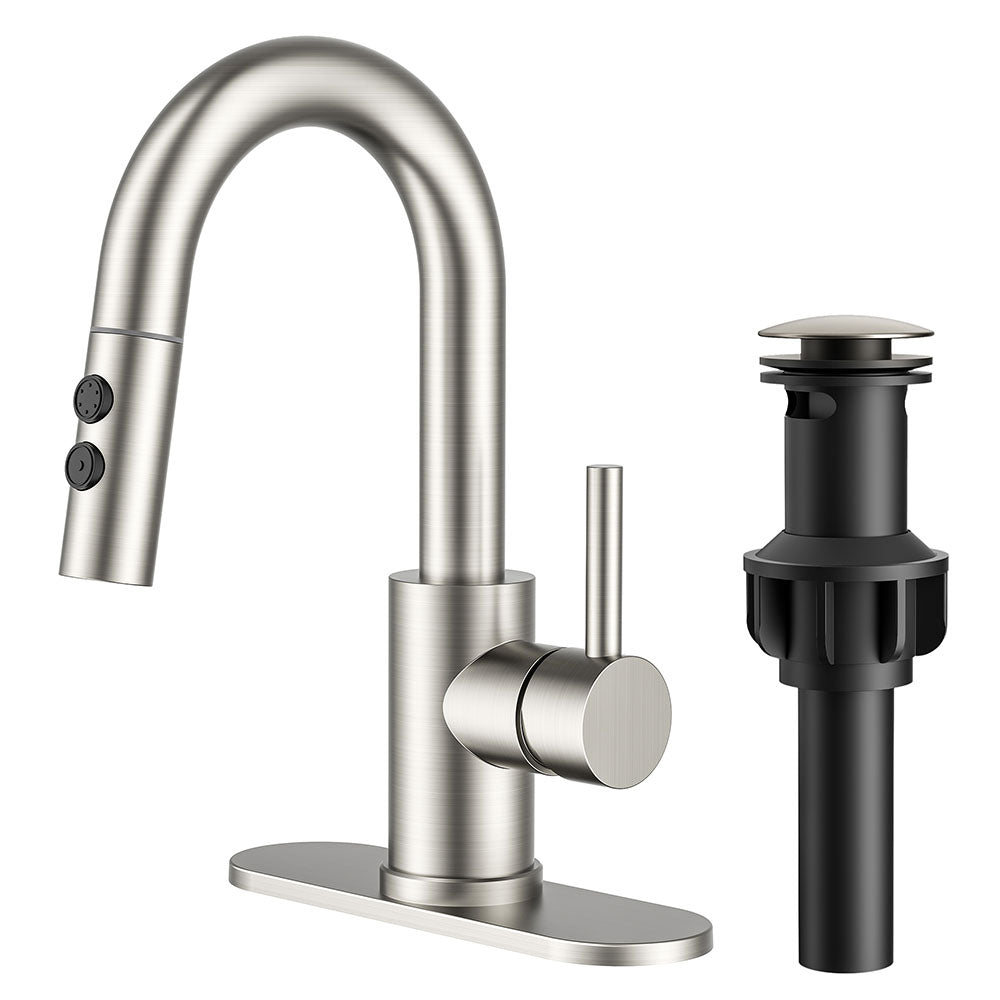 FORIOUS Single Hole Bar Sink Faucet with Pull Down Sprayer, Matte Black Bathroom Faucet for Sink 3 Hole with Pop Up Drain Hose, Suitable for Bath, RV, Laundry, Restroom & Utility Sink