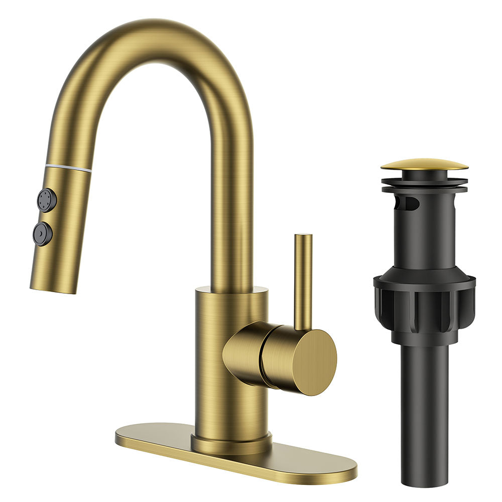 FORIOUS Single Hole Bar Sink Faucet with Pull Down Sprayer, Matte Black Bathroom Faucet for Sink 3 Hole with Pop Up Drain Hose, Suitable for Bath, RV, Laundry, Restroom & Utility Sink