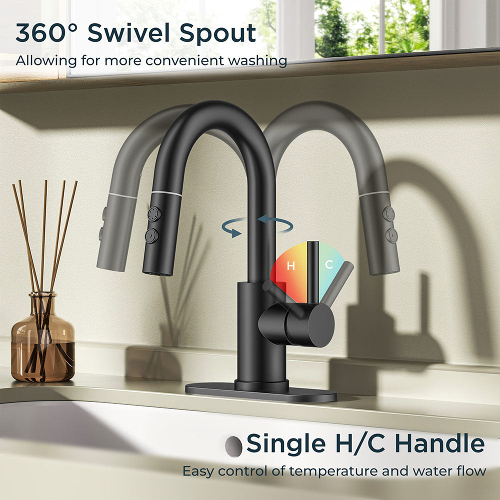 FORIOUS Single Hole Bar Sink Faucet with Pull Down Sprayer, Matte Black Bathroom Faucet for Sink 3 Hole with Pop Up Drain Hose, Suitable for Bath, RV, Laundry, Restroom & Utility Sink — thumbnail 2