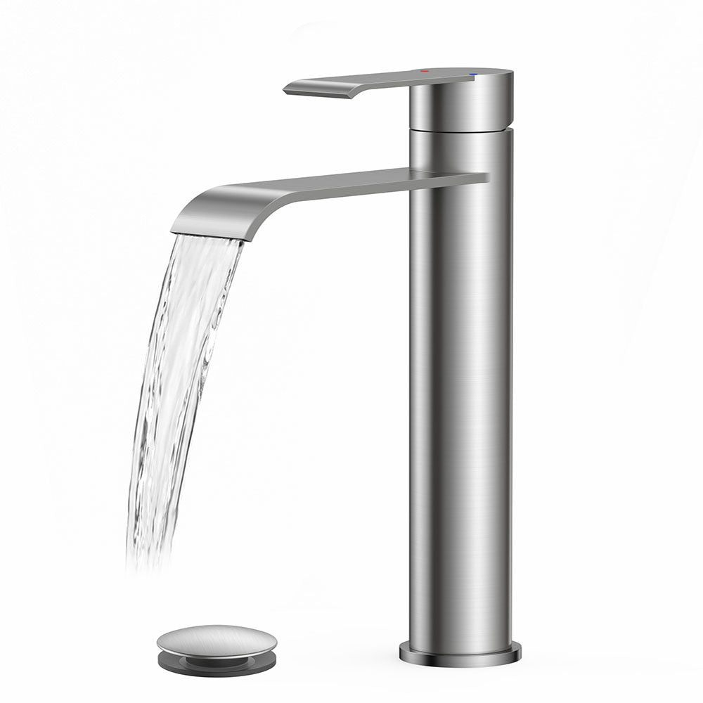 FORIOUS Black，Brushed Nickel， Gold Bathroom Vessel Sink Faucet One Hole with Pop up Drain and 24 Inch CUPC Supply Hose, Waterfall Single Handle Matte Black Bathroom Faucet 1 Hole RV, Tall Basin Sink Tap FB-39058*-H — thumbnail 2