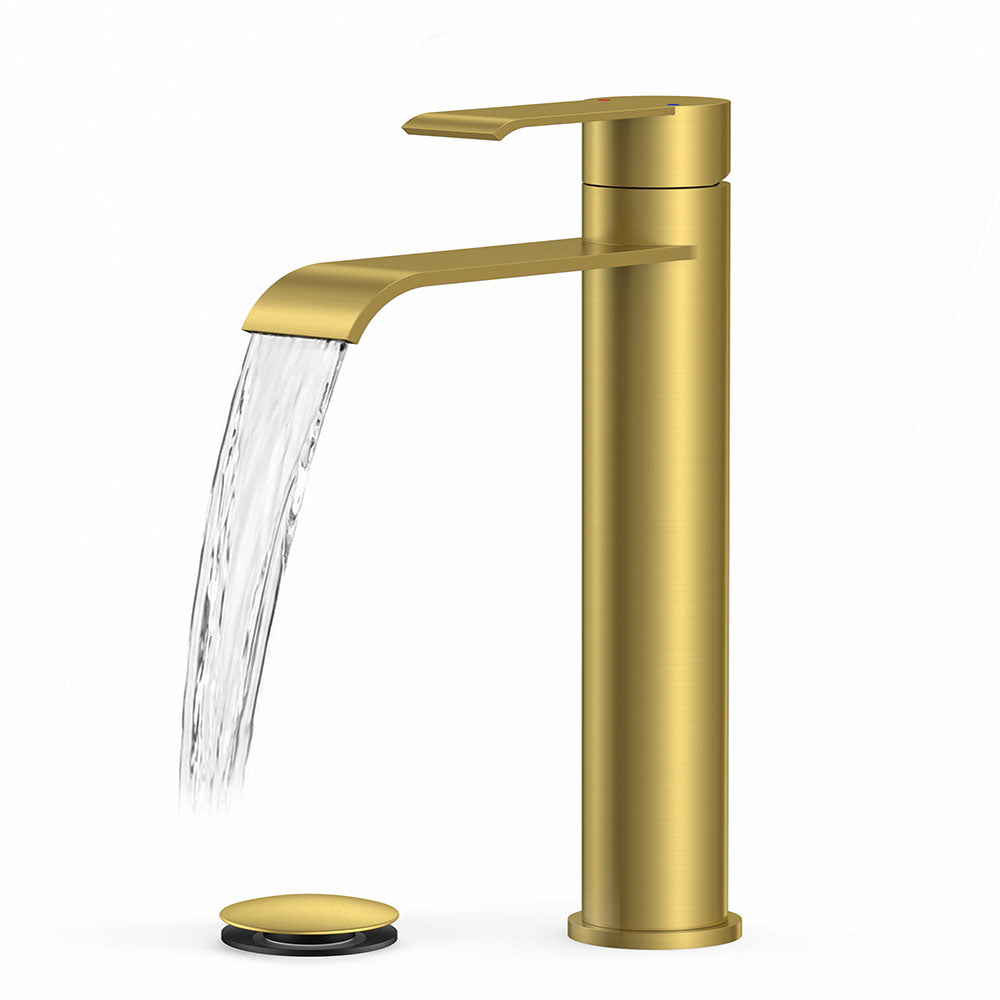 FORIOUS Black，Brushed Nickel， Gold Bathroom Vessel Sink Faucet One Hole with Pop up Drain and 24 Inch CUPC Supply Hose, Waterfall Single Handle Matte Black Bathroom Faucet 1 Hole RV, Tall Basin Sink Tap FB-39058*-H — thumbnail 3