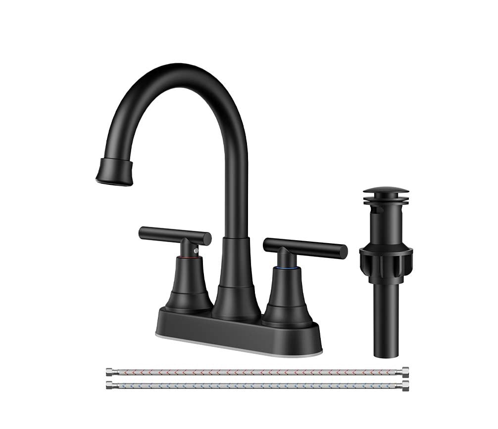 FORIOUS Matte Black Bathroom Faucets, 4 Inch Centerset Bathroom Sink Faucet 2 or 3 Hole with Pop up Drain and cUPC Hose, Two Handles Control, 360° spout for Restroom,Vanity, Rv, 2 Pack — thumbnail 3
