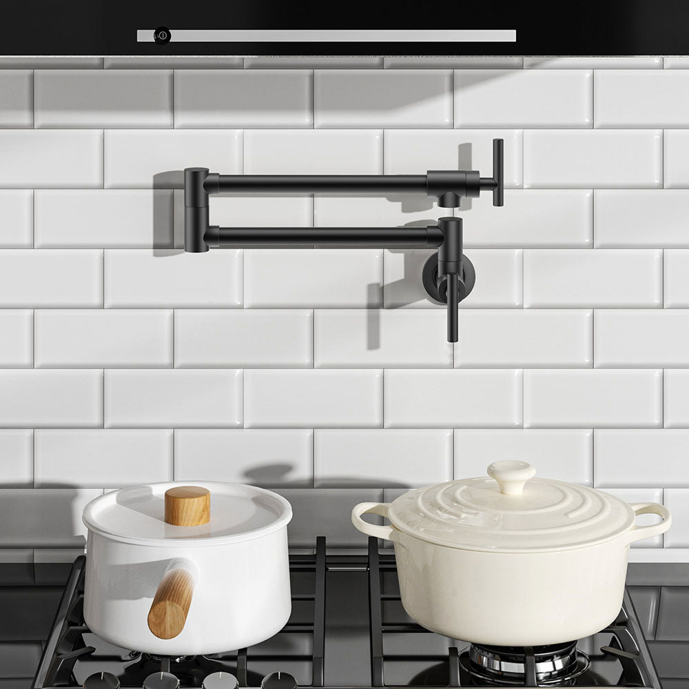 FORIOUS Pot Filler Faucet Matte Black, Folding Stretchable Solid Brass Wall Mount Commercial Traditional Faucet Over Stove with Antique Double Joint Swing Arm for Kitchen Restaurant Vintage — thumbnail 3