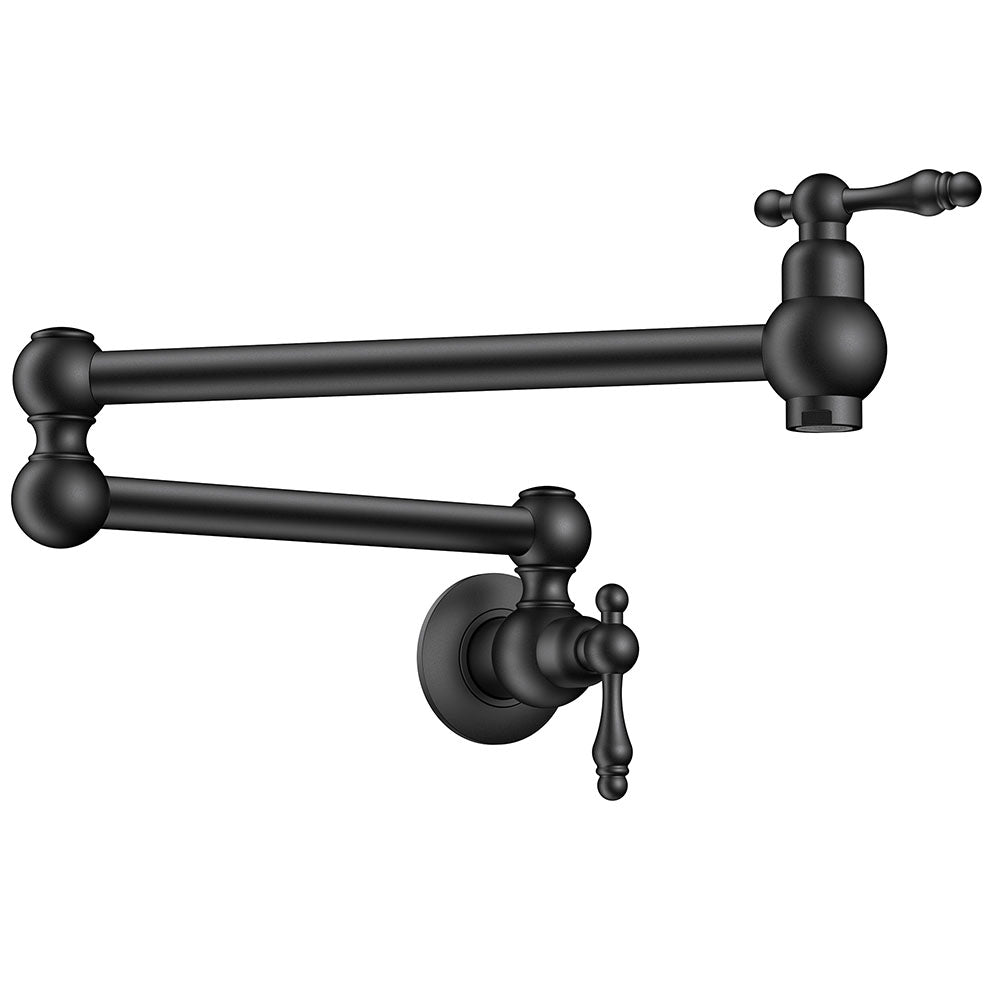 FORIOUS Pot Filler Faucet Matte Black, Folding Stretchable Solid Brass Wall Mount Commercial Traditional Faucet Over Stove with Antique Double Joint Swing Arm for Kitchen Restaurant Vintage