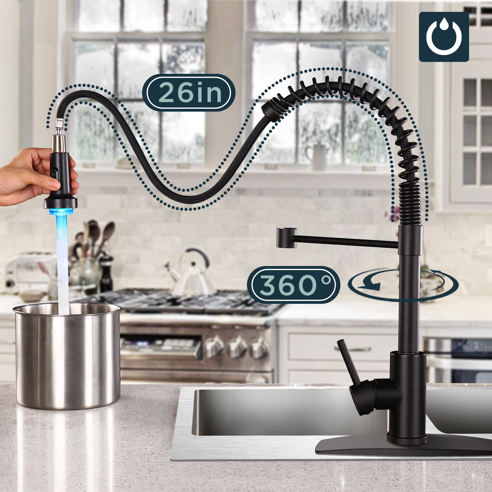 FORIOUS Kitchen Faucet with Pull Down Sprayer 1 or 3 Hole for Farmhouse with soap dispenser，led light — thumbnail 2