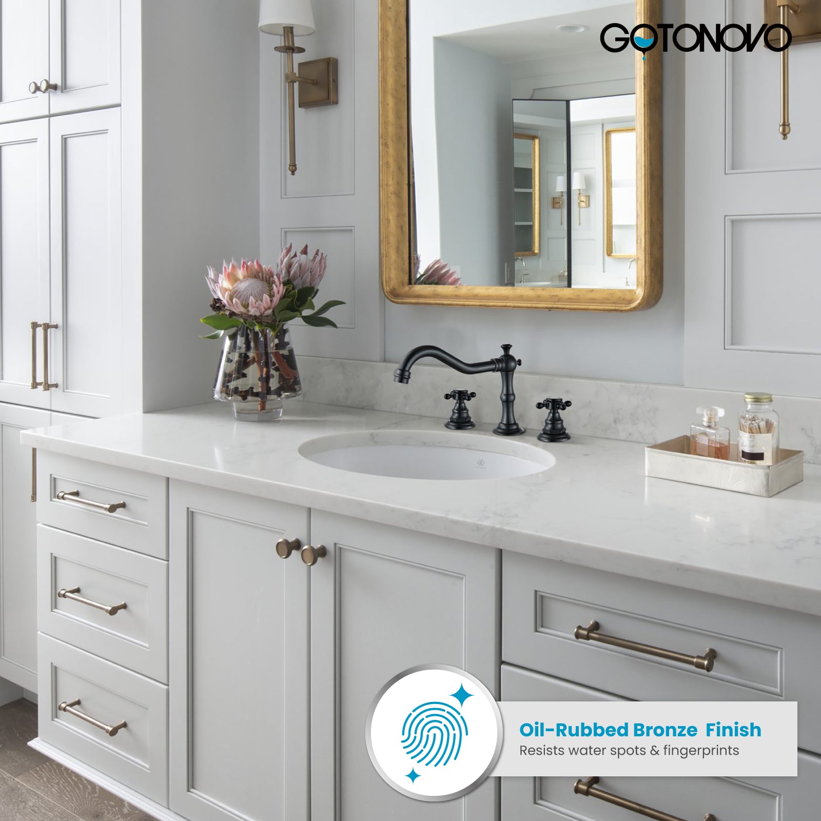 gotonovo Victorian Widespread Three Holes Deck Mounted Bathroom Sink Faucet with Pop Up Drain with Overflow — thumbnail 2