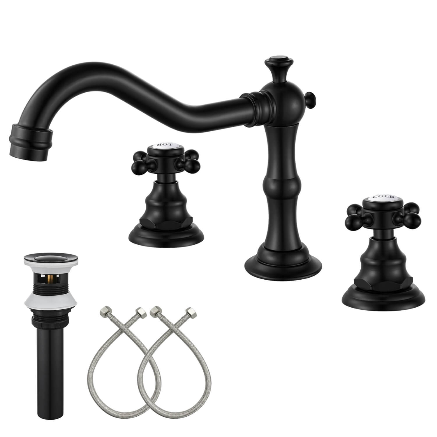 gotonovo Bathroom Sink Faucet Deck Mount Widespread Double Mixing Tap Cross Knobs 3 Hole with Pop Up Drain — image 1
