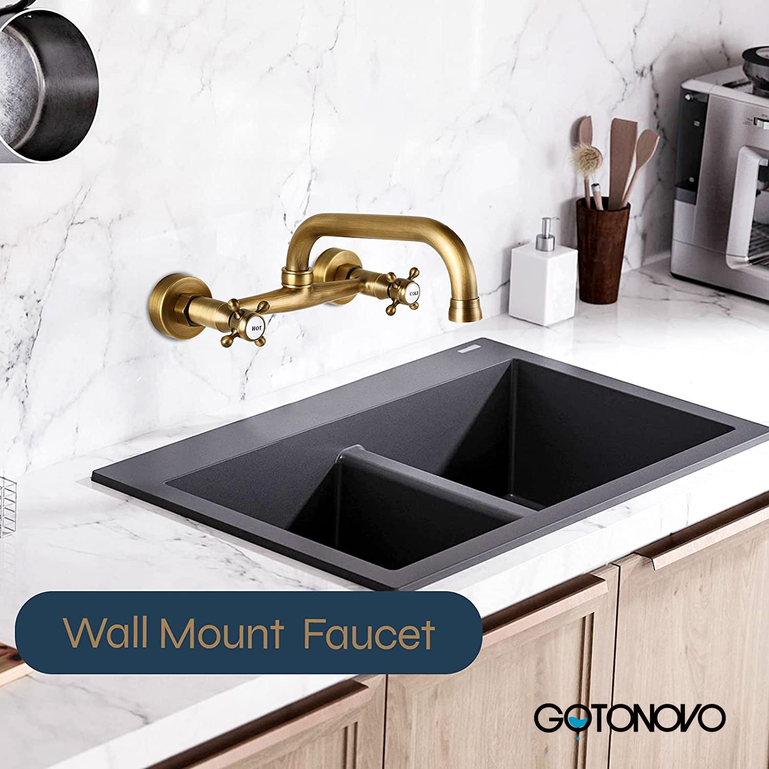 Wall Mount Faucet 8 Inch Center Kitchen Sink Taps 2 Cross Knobs Handle Victorian Commercial with 9 inch Spout — thumbnail 2