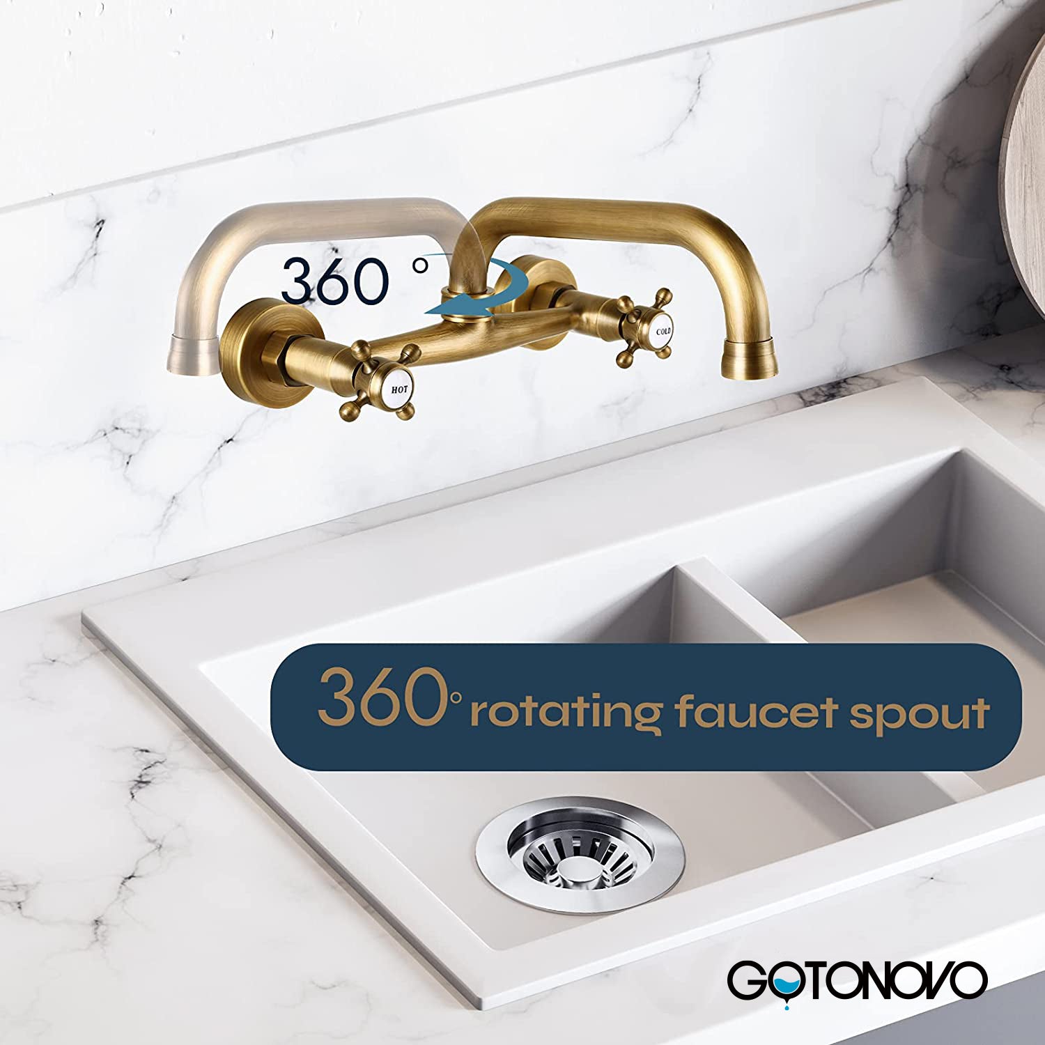 Wall Mount Faucet 8 Inch Center Kitchen Sink Taps 2 Cross Knobs Handle Victorian Commercial with 9 inch Spout — thumbnail 3