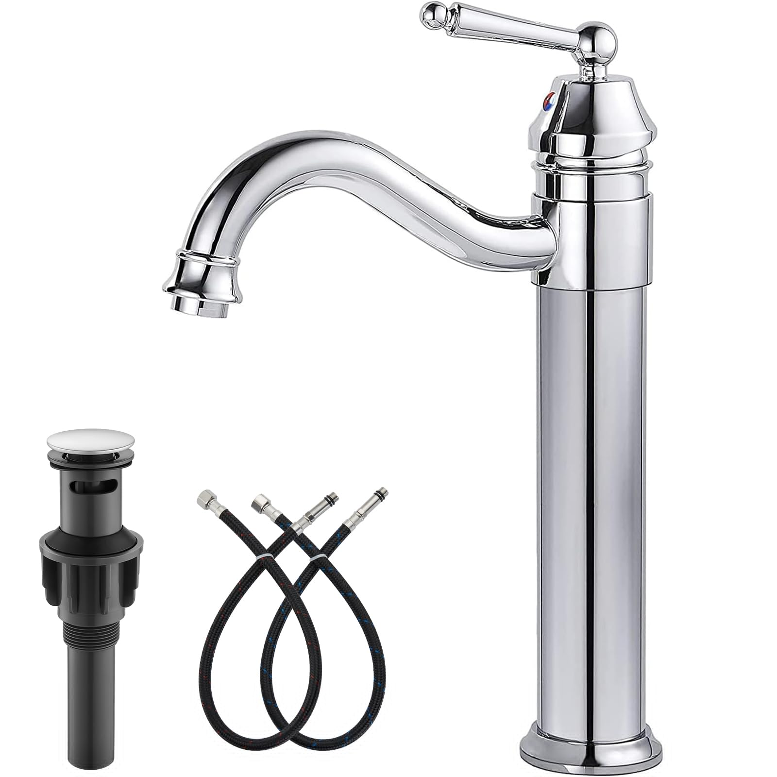 Brass Single Handle Bathroom Sink Faucet Brass Long Reach Bathroom Faucet Mixer Tap with Pop Up Drain Included Hot and Cold Water Hose