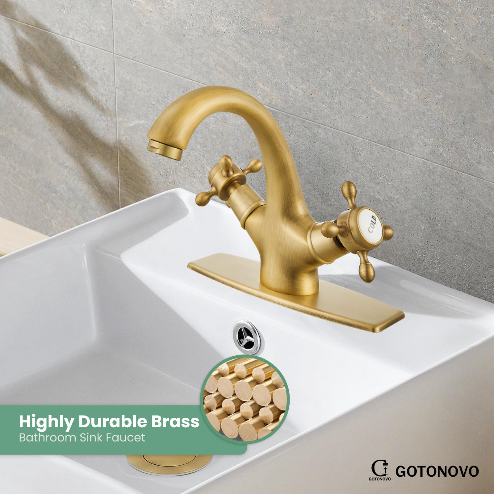 gotonovo Bathroom Sink Faucet with Pop up Drain with Overflow Double Cross Handle Single Hole Deck Mount Vanity Basin Cold Hot Lavatory Mixer Tap — thumbnail 3