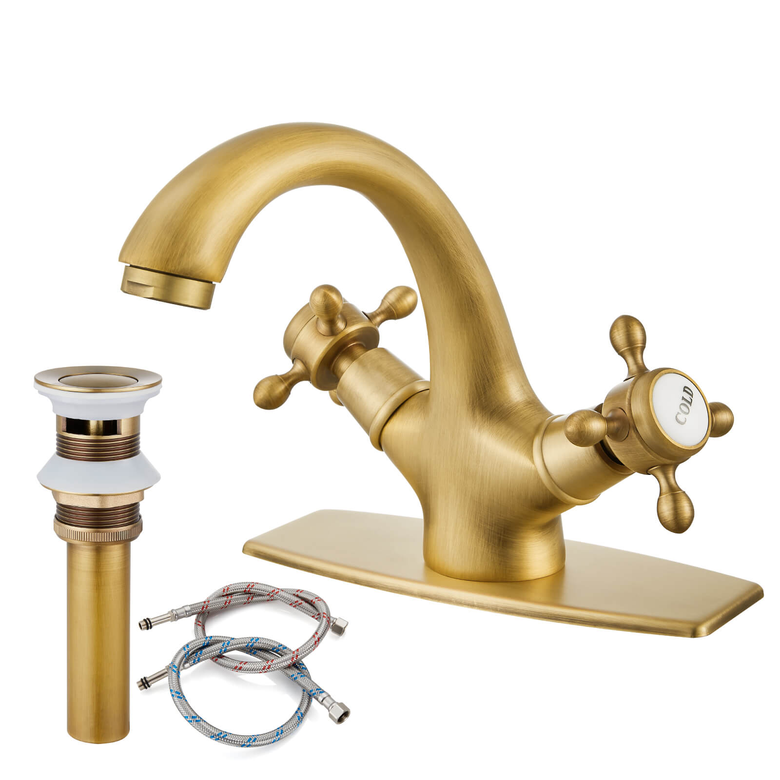 gotonovo Bathroom Sink Faucet with Pop up Drain with Overflow Double Cross Handle Single Hole Deck Mount Vanity Basin Cold Hot Lavatory Mixer Tap — thumbnail 2