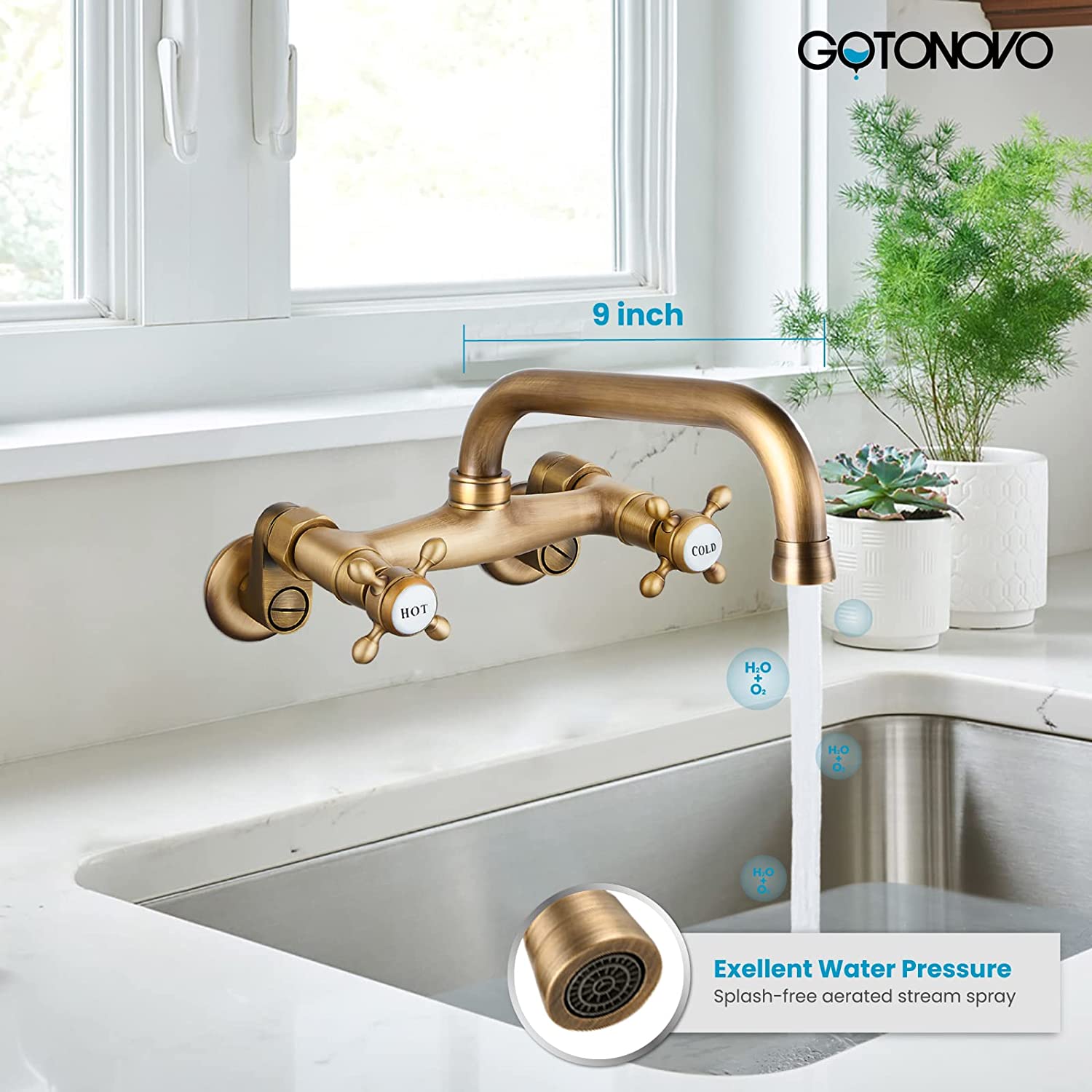 Wall Mount Faucet 6 Inch Center Kitchen Sink Taps 2 Cross Knobs Handle Victorian Commercial — thumbnail 3