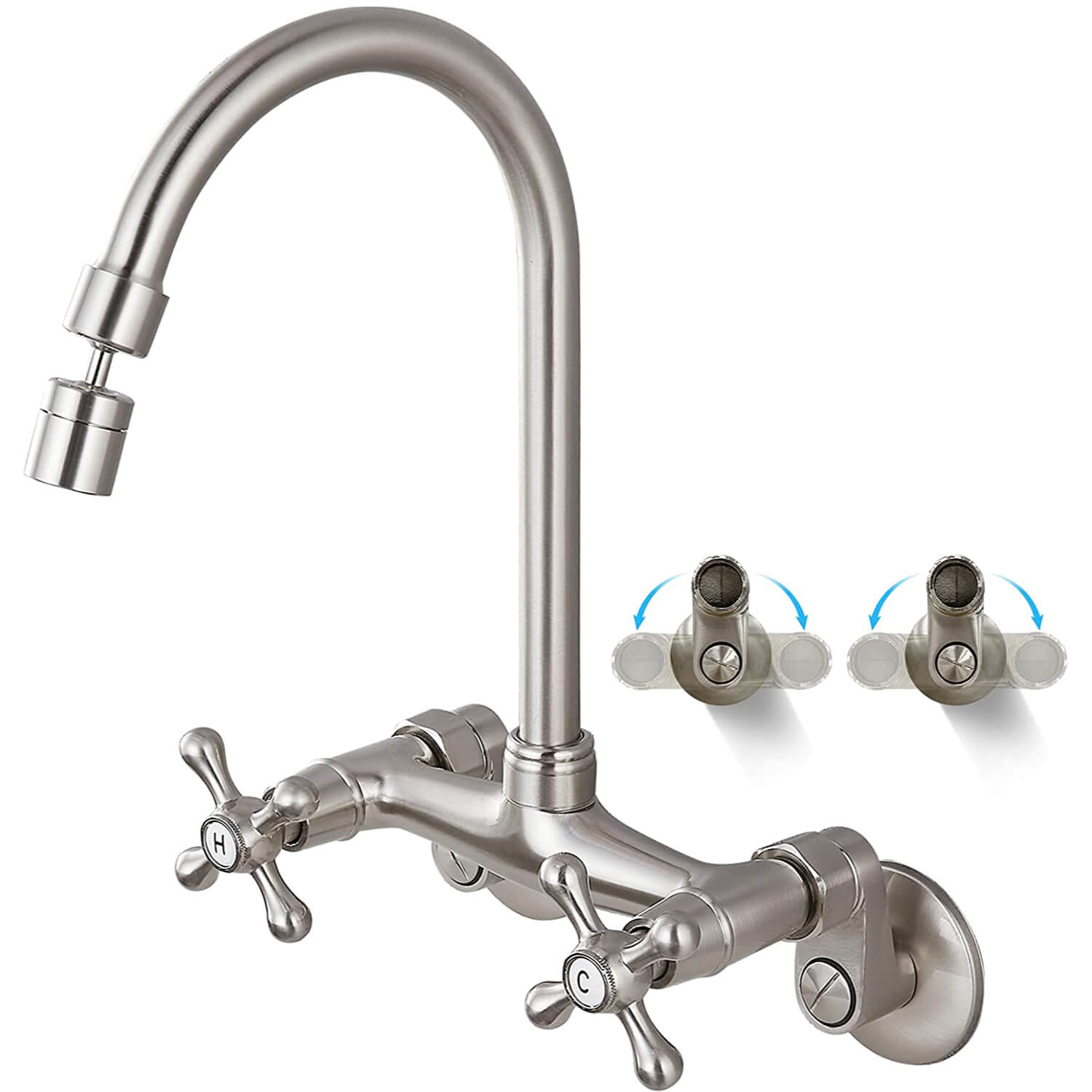 gotonovo Kitchen Sink Faucet Wall Mount 6 Inch+8inch Center Adjustable Hole Distance Kitchen Wall Faucets 360 Degree Swivel Spout Double Cross Handles