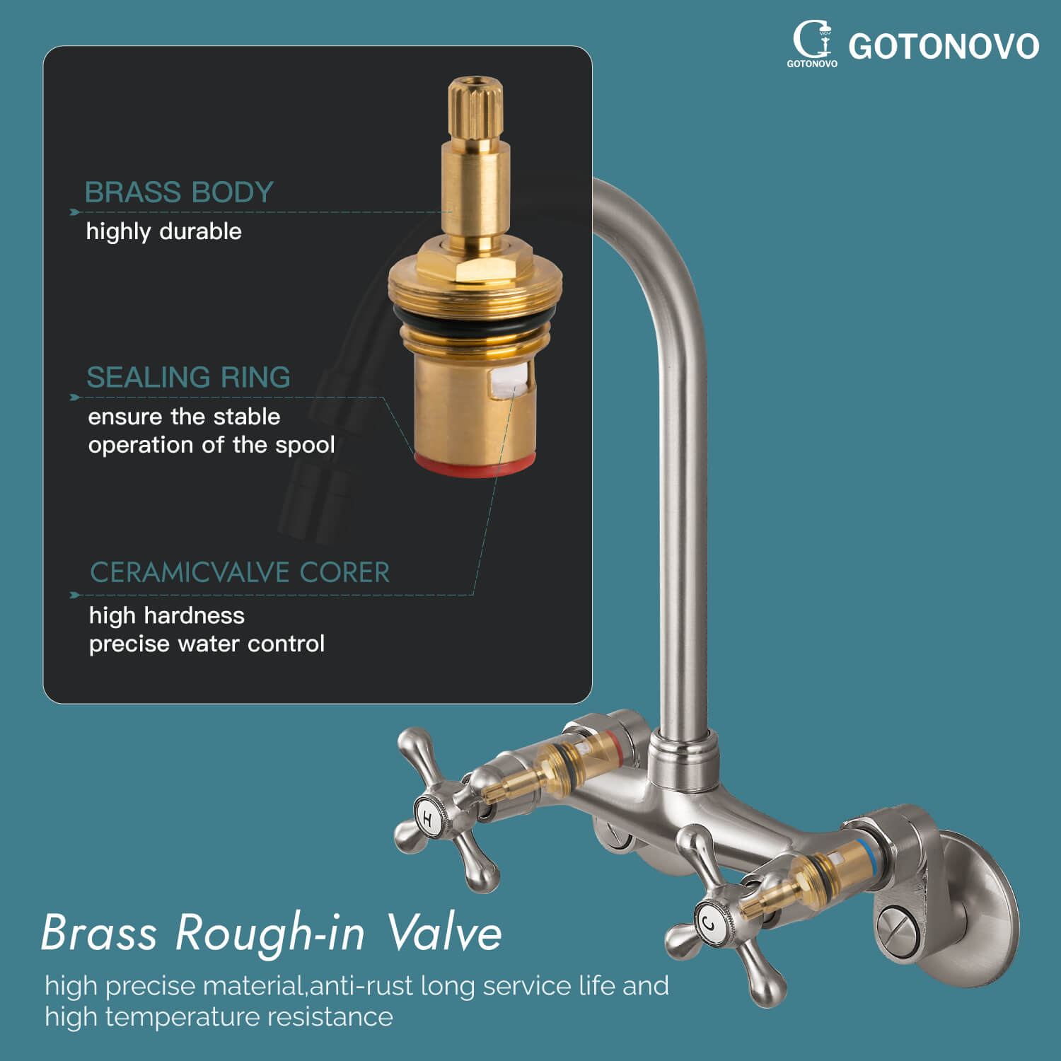 gotonovo Kitchen Sink Faucet Wall Mount 6 Inch+8inch Center Adjustable Hole Distance Kitchen Wall Faucets 360 Degree Swivel Spout Double Cross Handles — thumbnail 3