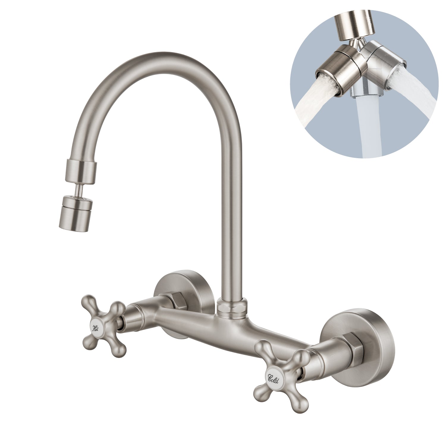 gotonovo Wall Mount Kitchen Faucet 8 Inch Center Wall Mount Faucet Kitchen with Sprayer Double Cross Handles 360 Degree Swivel Spout Kitchen Mixer Tap Commercial — image 1