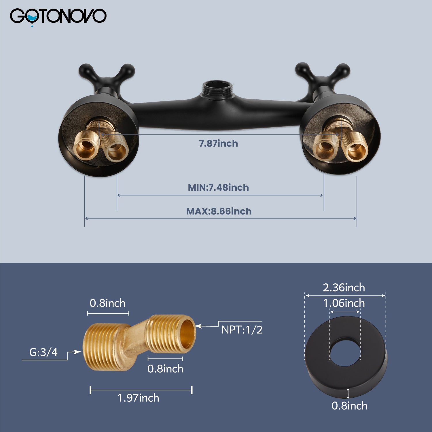 gotonovo Wall Mount Kitchen Faucet 8 Inch Center Wall Mount Faucet Kitchen with Sprayer Double Cross Handles 360 Degree Swivel Spout Kitchen Mixer Tap Commercial — thumbnail 3