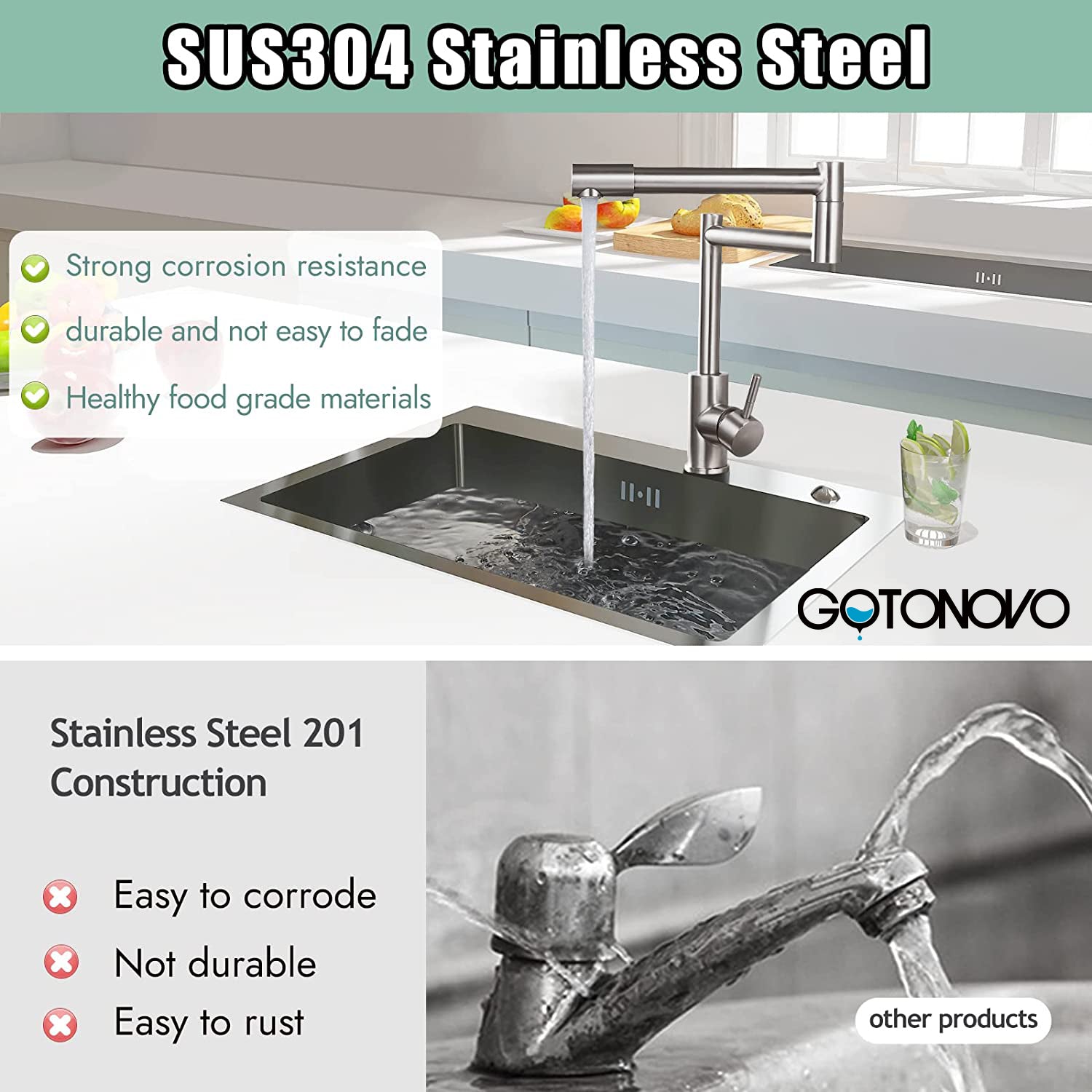 gotonovo Pot Filler Faucet Deck Mounted Single Handle Double Joints Free Rotating Modern Deck Mounted Countertop Retractable Commercial Kitchen Sink Faucet Stainless Steel — thumbnail 3