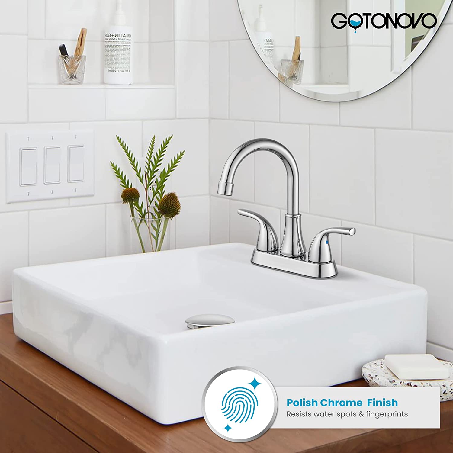Gotonovo 4 Inch Centerset Bathroom Sink Faucet 2 Hole Lavatory Mixer Tap Deck Mount 2 Handles with Pop Up Drain and Water Supply Lines — thumbnail 2