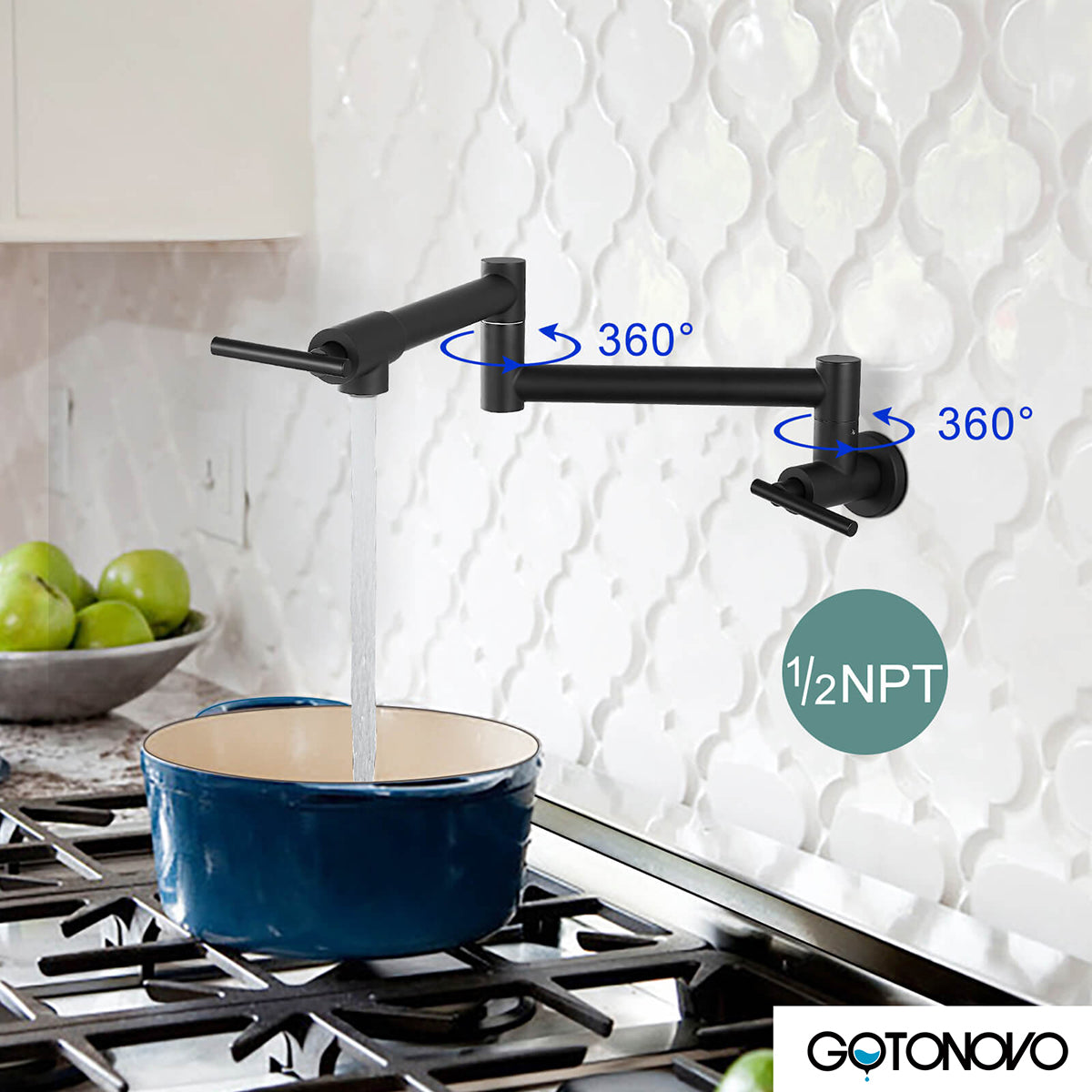 gotonovo Stainless Steel SUS304 Pot Filler Faucet Wall Mounted Double Joint Swing Folding Arms with Two Handles Single Hole Commercial Kitchen Sink Faucet to Control Water Stovetop — thumbnail 3