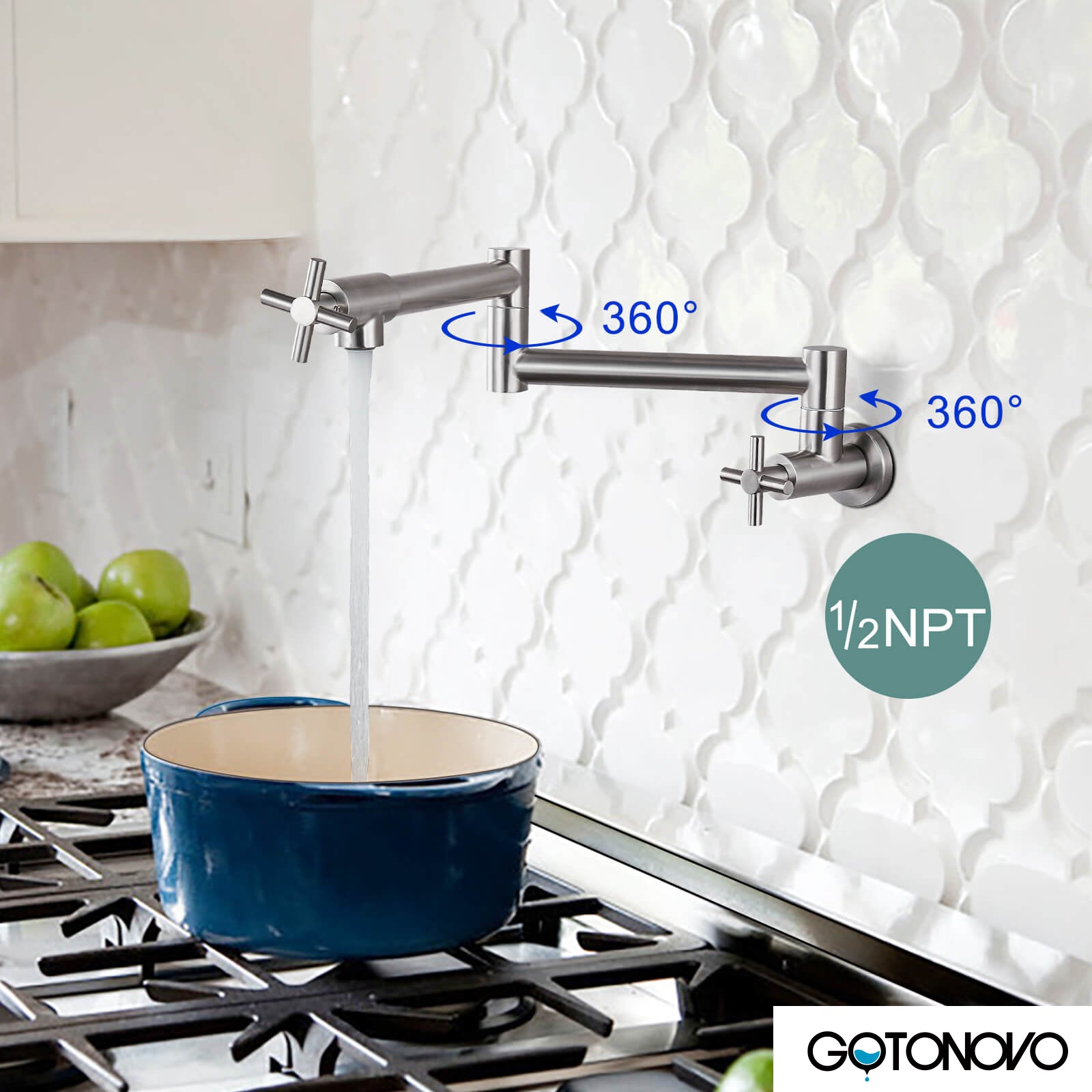 gotonovo Pot Filler Kitchen Faucet Stainless Steel SUS304 Two Cross Handle Single Hole Spout Wall Mounted Stretchable Swing Arm Commercial Kitchen Sink Faucet Control Water — thumbnail 3