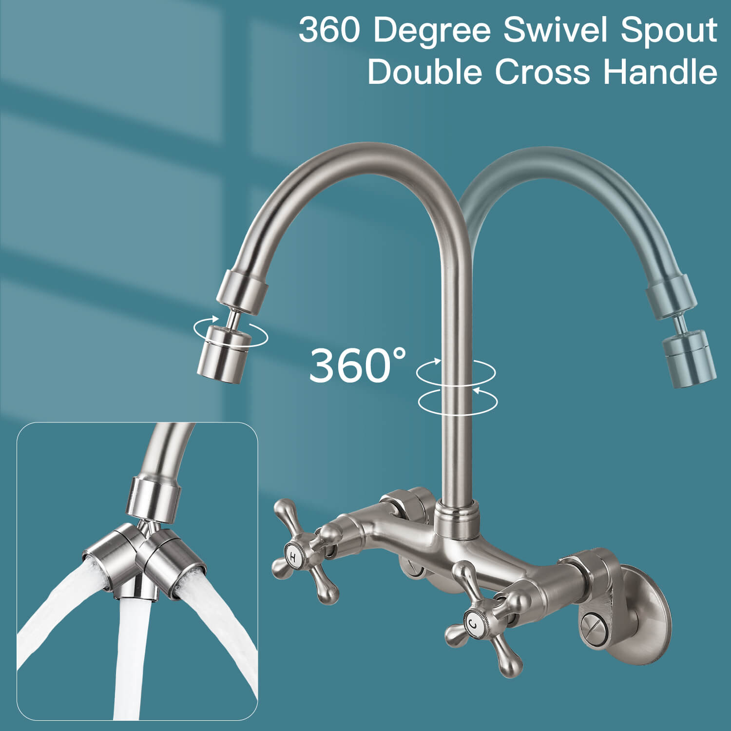 gotonovo Kitchen Sink Faucet Wall Mount 6 Inch+8inch Center Adjustable Hole Distance Kitchen Wall Faucets 360 Degree Swivel Spout Double Cross Handles — thumbnail 2