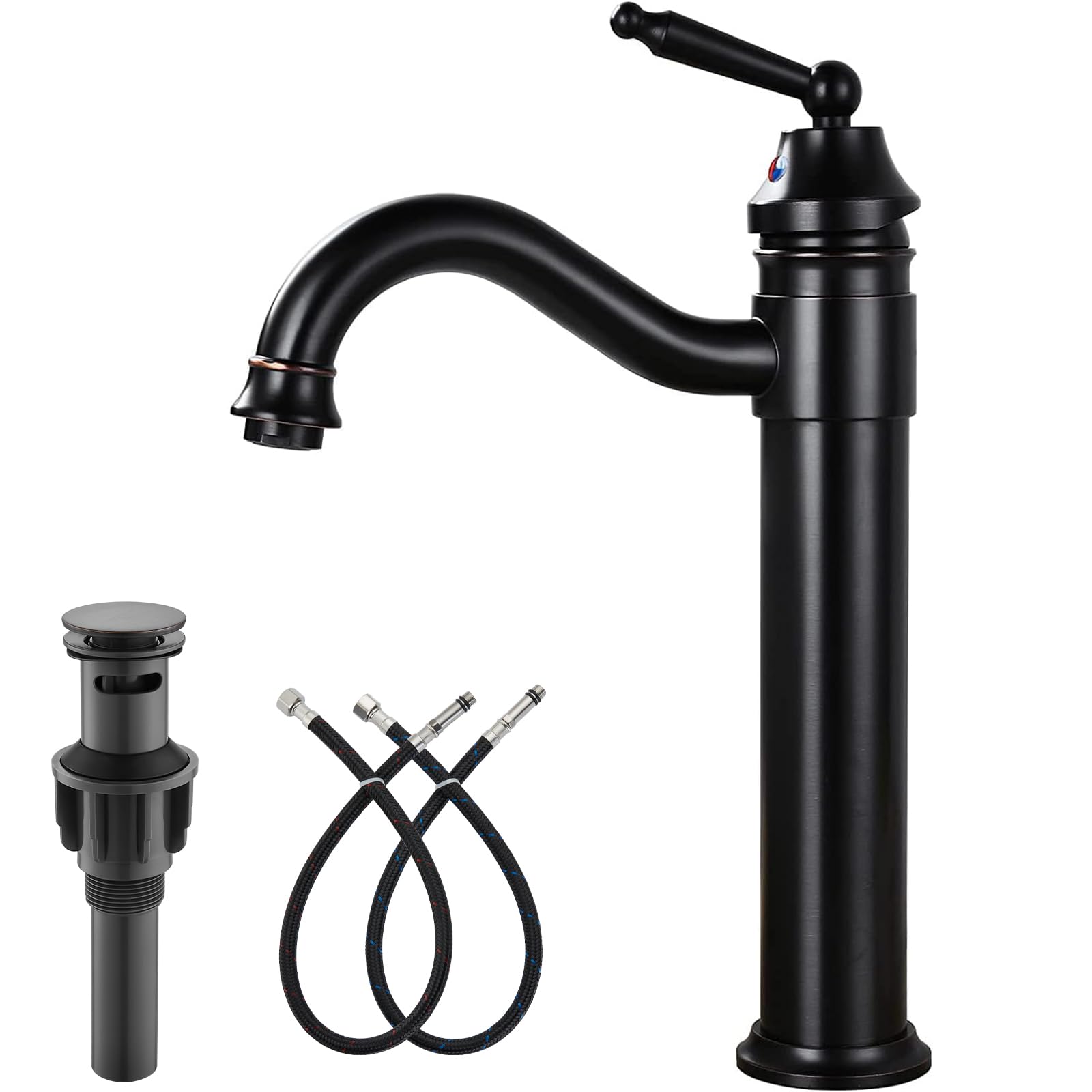 Brass Single Handle Bathroom Sink Faucet Brass Long Reach Bathroom Faucet Mixer Tap with Pop Up Drain Included Hot and Cold Water Hose — image 1