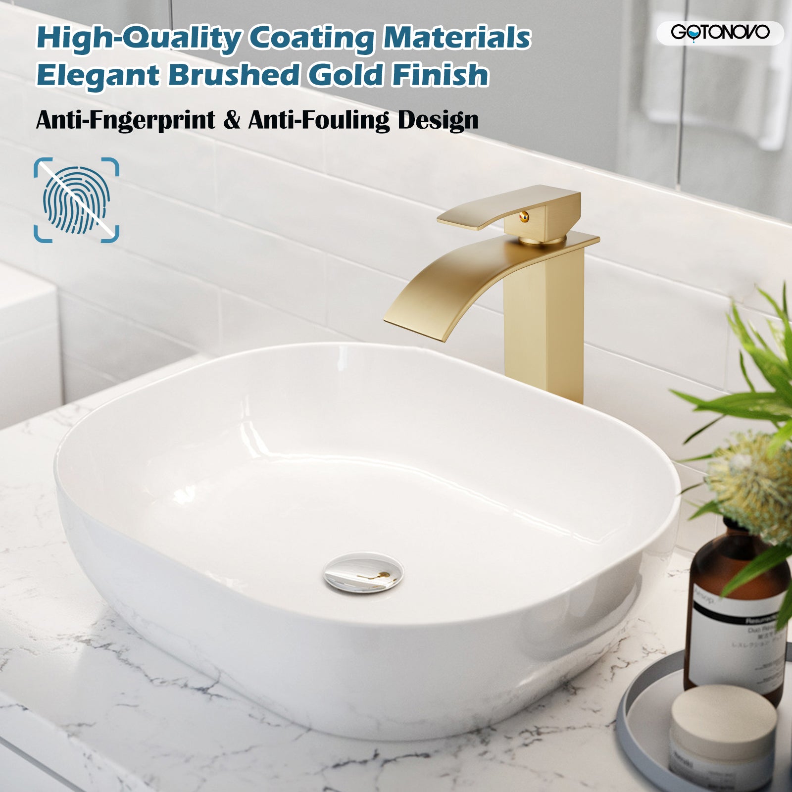 gotonovo Vessl Sink Tall Faucet Waterfall Bathroom Bowl Single Handle Single Hole Spout Sink Faucet Deck Mount with Large Rectangular Lavatory Vanities — thumbnail 2