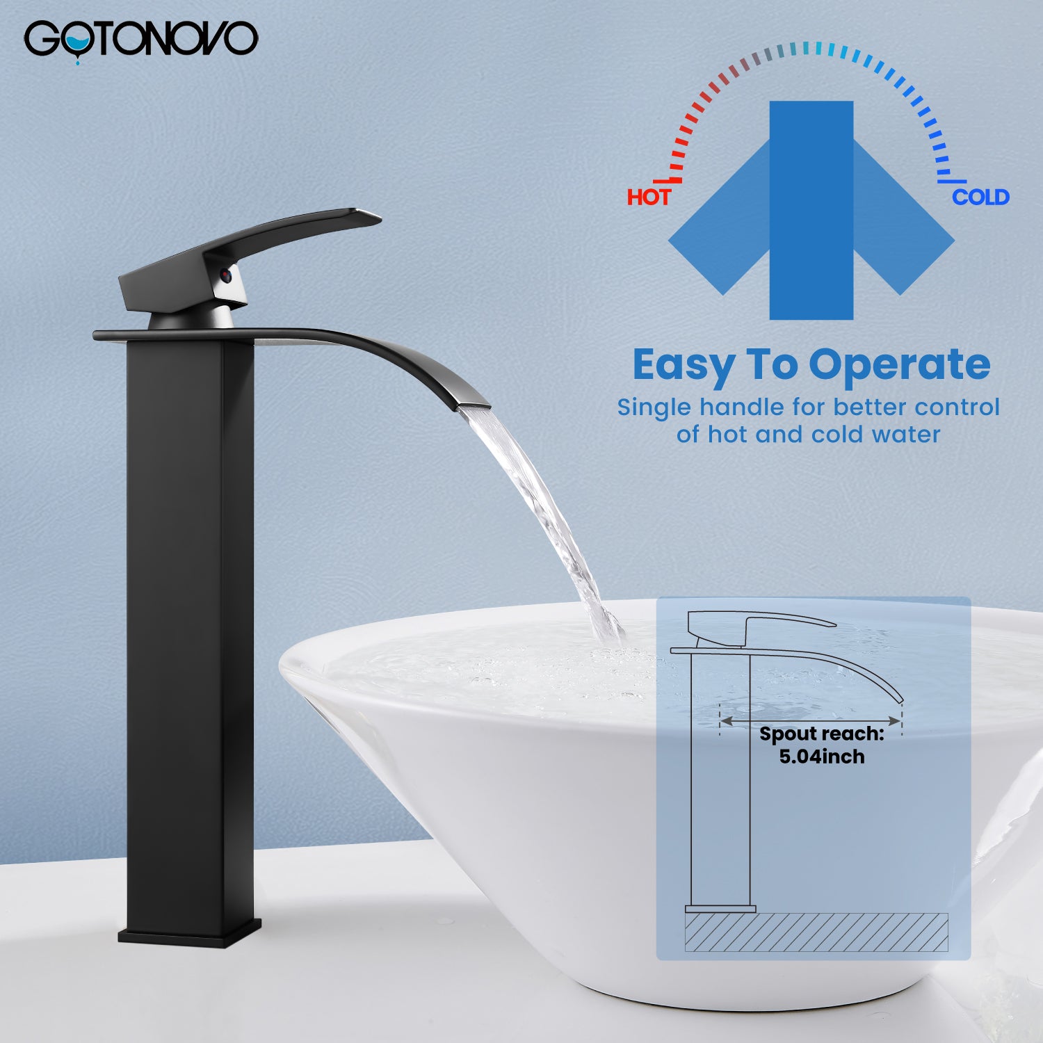 gotonovo Vessel Sink Faucet, Waterfall Spout Bathroom Faucet, Tall Single Handle One Hole Bowl Mixer Tap, Waterfall Spout Lavatory Vanity with Pop Up Drain — thumbnail 3