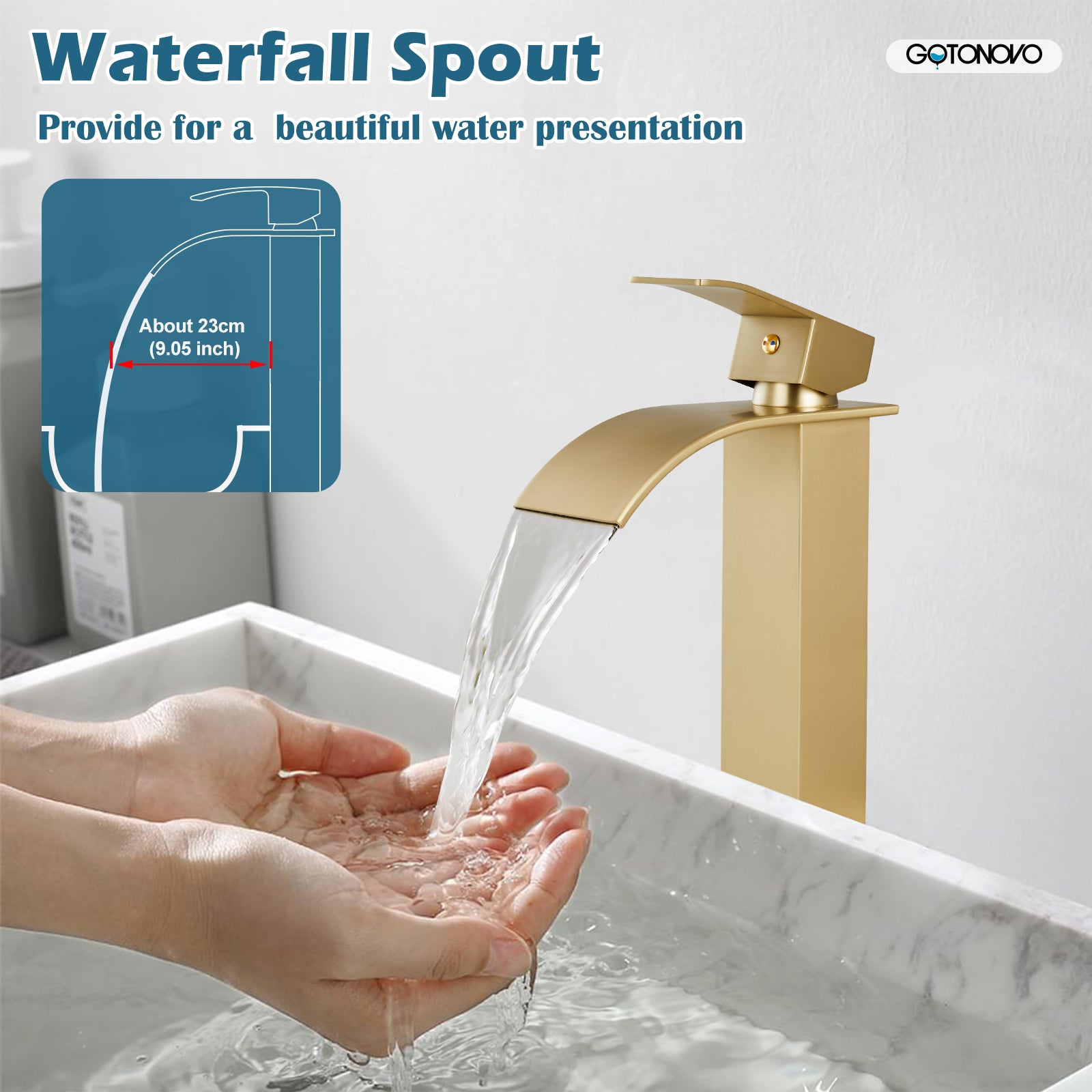 gotonovo Waterfall Bathroom Bowl Vessel Sink Tall Faucet1 Hole Single Handle Lavatory Vanities Mixer Tap Deck Mount with Large Rectangular Spout — thumbnail 3