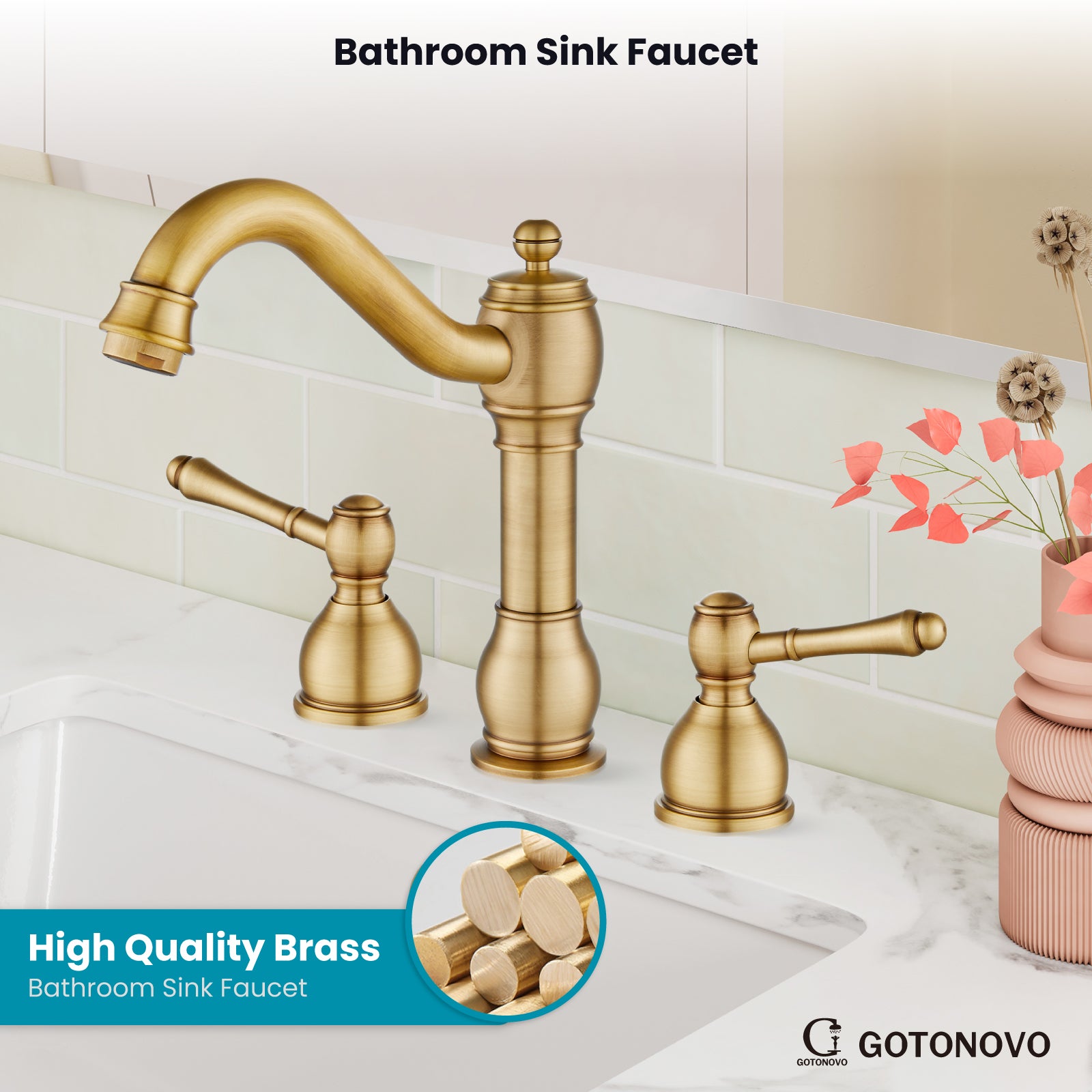 gotonovo 8 Inch Widespread Bathroom Faucets for Sink 3 Hole 2 Lever Handle Deck Mount with Pop Up Drain Assembly with Hot and Cold Water Supply Lines — thumbnail 2