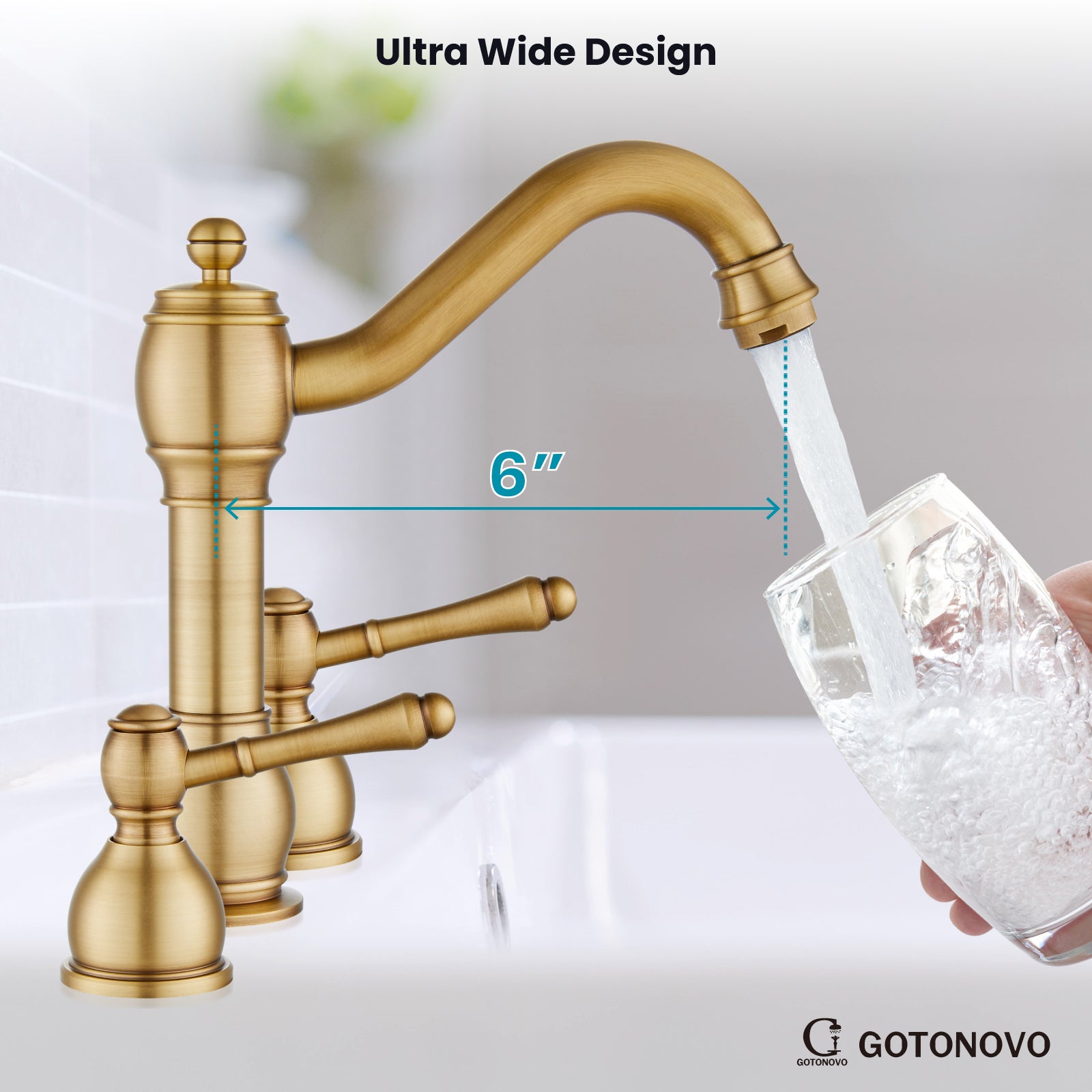 gotonovo 8 Inch Widespread Bathroom Faucets for Sink 3 Hole 2 Lever Handle Deck Mount with Pop Up Drain Assembly with Hot and Cold Water Supply Lines — thumbnail 3
