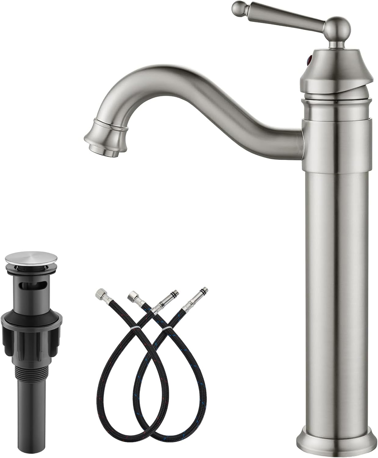 Brass Single Handle Bathroom Sink Faucet Brass Long Reach Bathroom Faucet Mixer Tap with Pop Up Drain Included Hot and Cold Water Hose — image 1