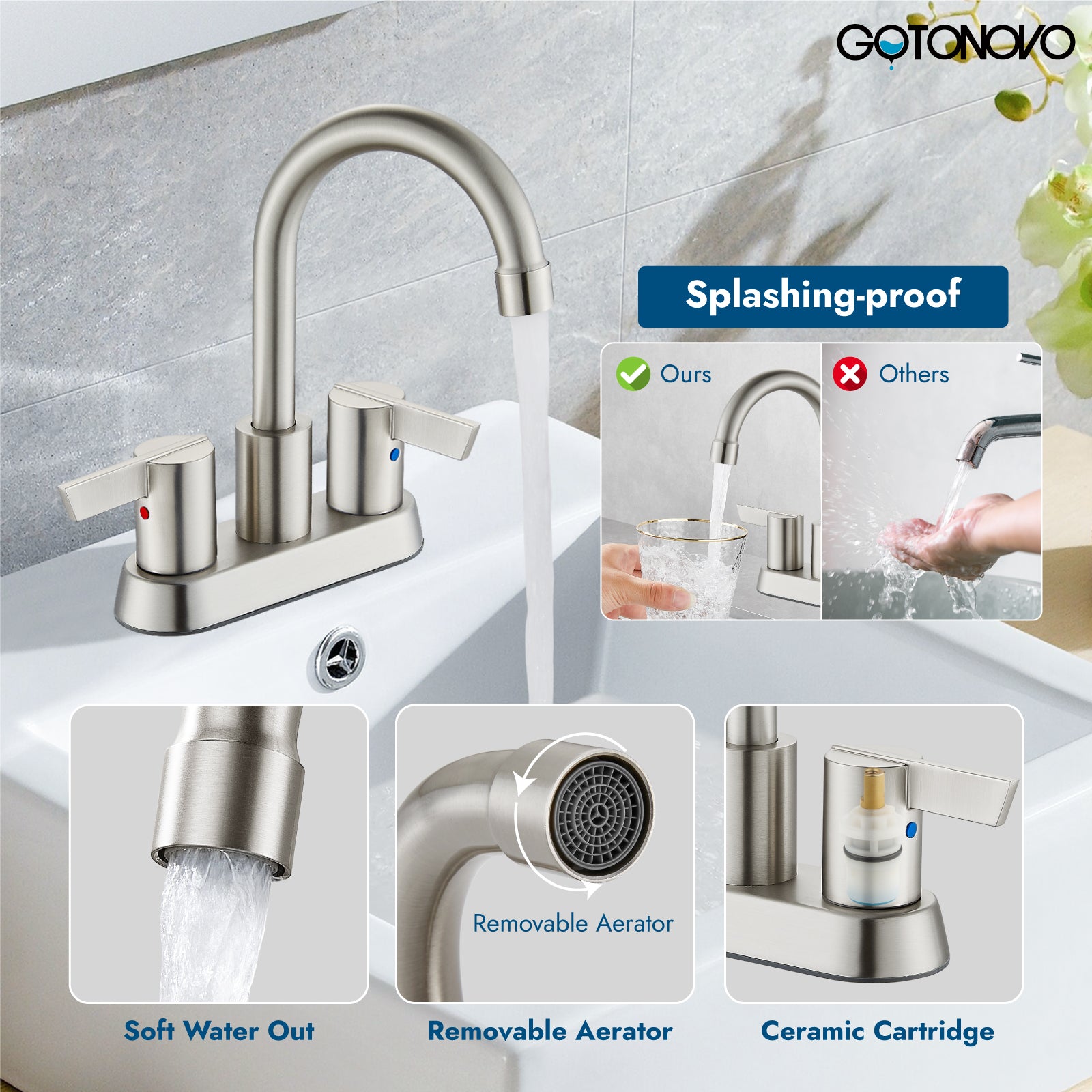 Bathroom Faucet 2 Handle Centerset Bathroom Sink Faucet 4 Inch Bathroom Faucets 360°Swivel Spout Deck Mounted Lavatory Vanity Faucet Mixer Tap with Pop Up Drain — thumbnail 3