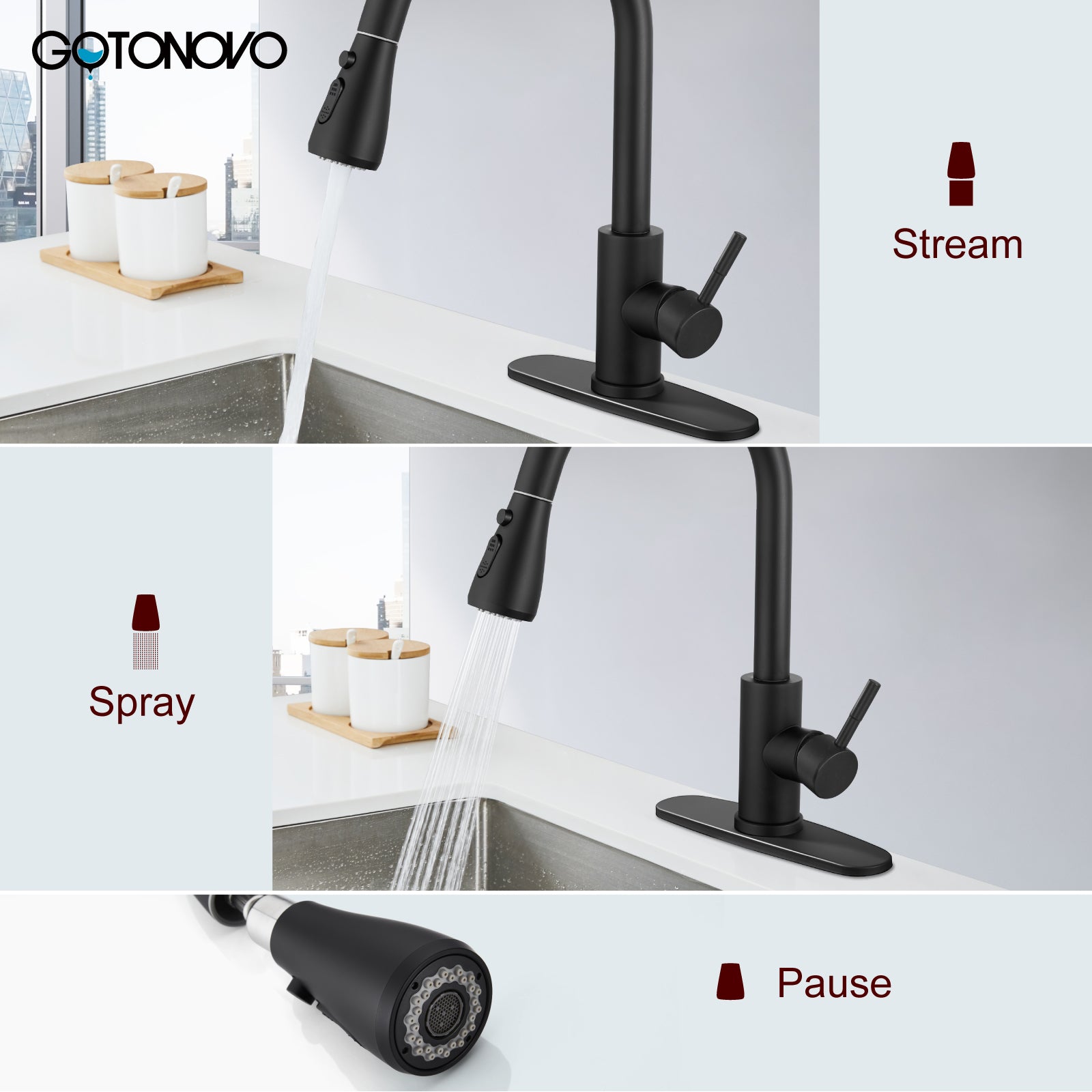 gotonovo Kitchen Faucet with High Arc Pull Out Sprayer Single Handle Stainless Steel Replacement Sprayer,Commercial Modern RV — thumbnail 3