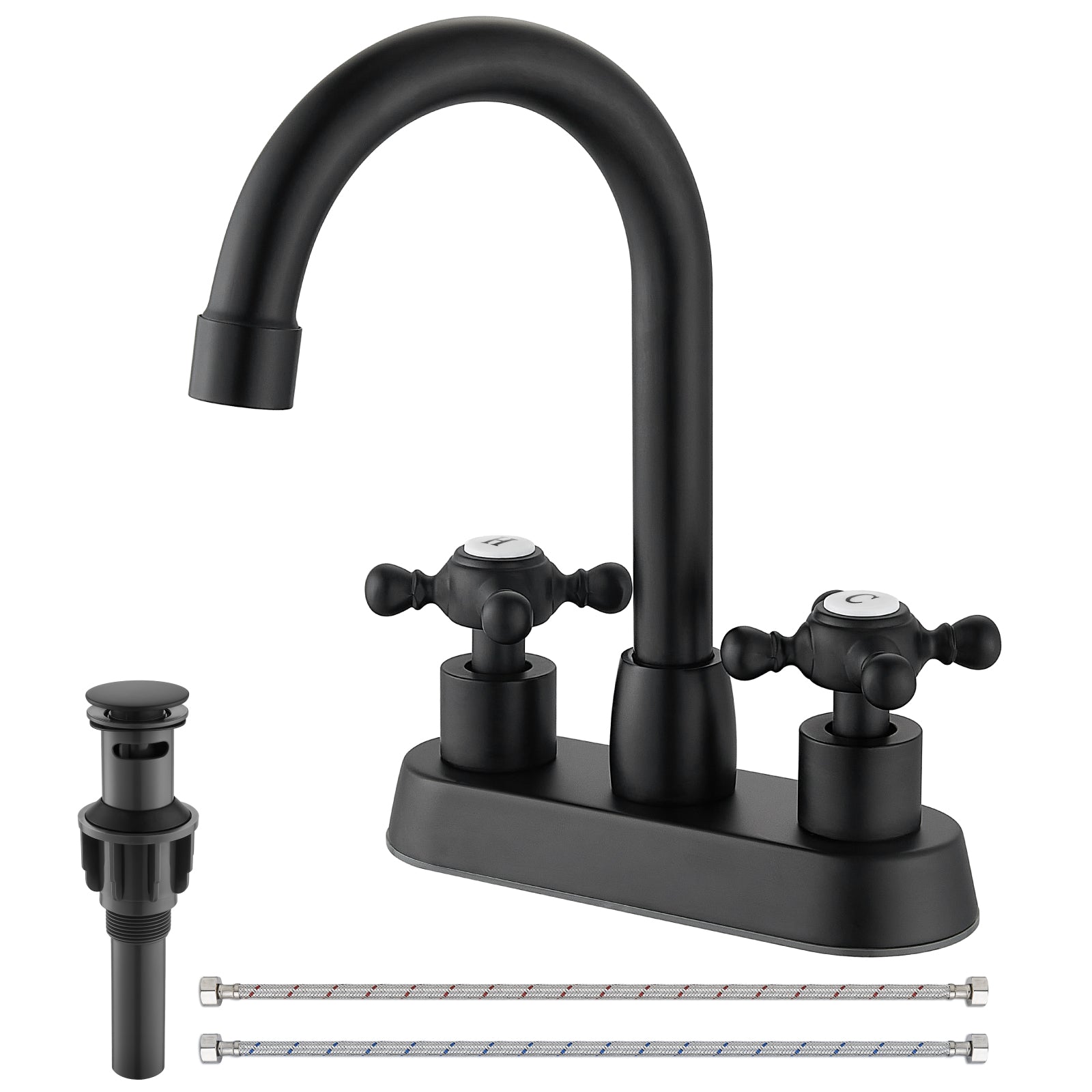 4 Inch centerset Bathroom Faucet Double Cross Handle Vanity Faucet 360° Swivel Spout Deck Mounted Mixer Tap with Pop up Drain Water Supply Hoses — image 1