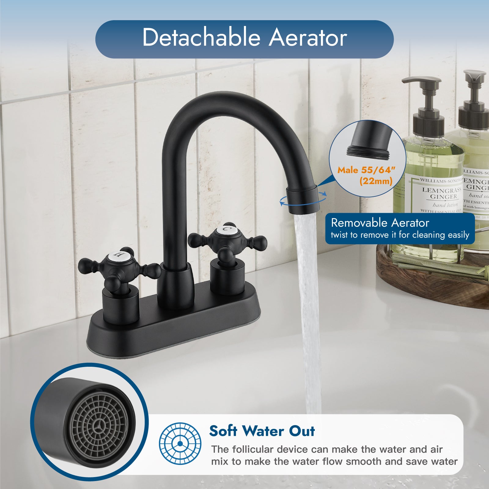 4 Inch centerset Bathroom Faucet Double Cross Handle Vanity Faucet 360° Swivel Spout Deck Mounted Mixer Tap with Pop up Drain Water Supply Hoses — thumbnail 3