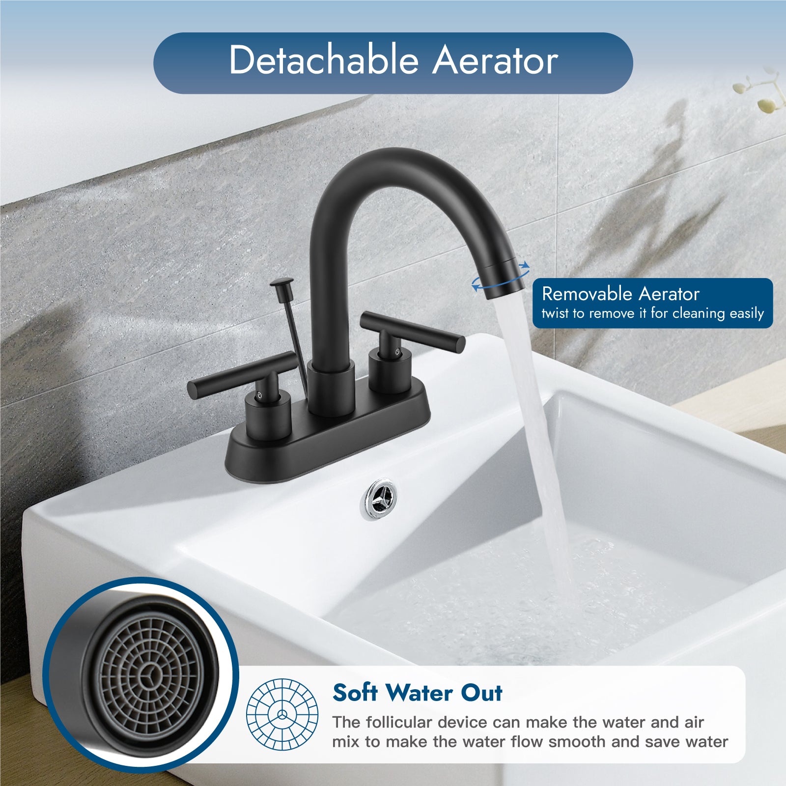 4 Inch Centerset Bathroom Faucets with Lift Rod Drain Stopper Bathroom Sink Faucet 3 Holes Dual Handle Vanity Faucet 360° Swivel Spout Lavatory RV Faucet Mixer Tap — thumbnail 3