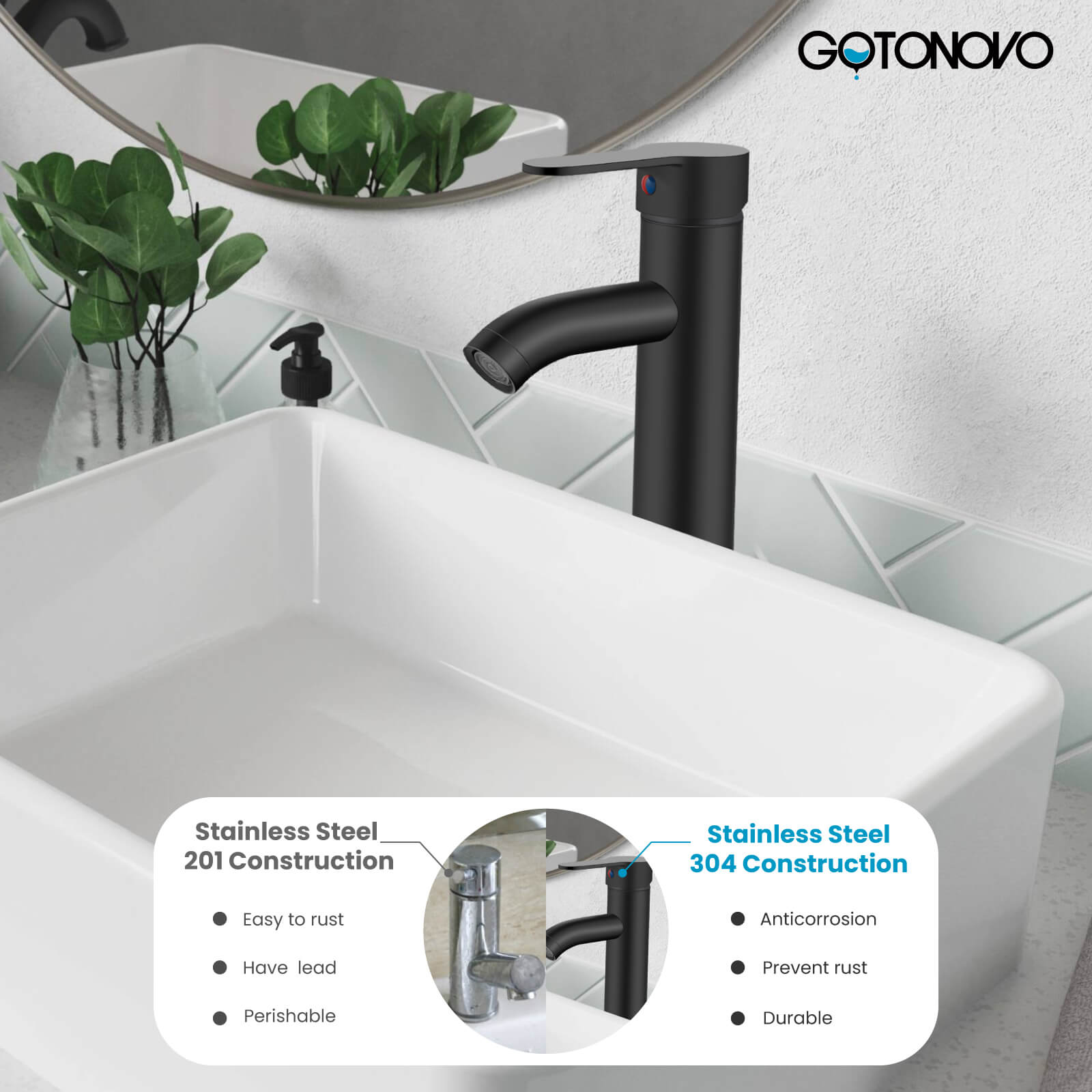 gotonovo Bathroom Vessel Sink Faucet Single Handle Lavatory Vanity Mixer Tap Tall Spout Single Hole — thumbnail 2