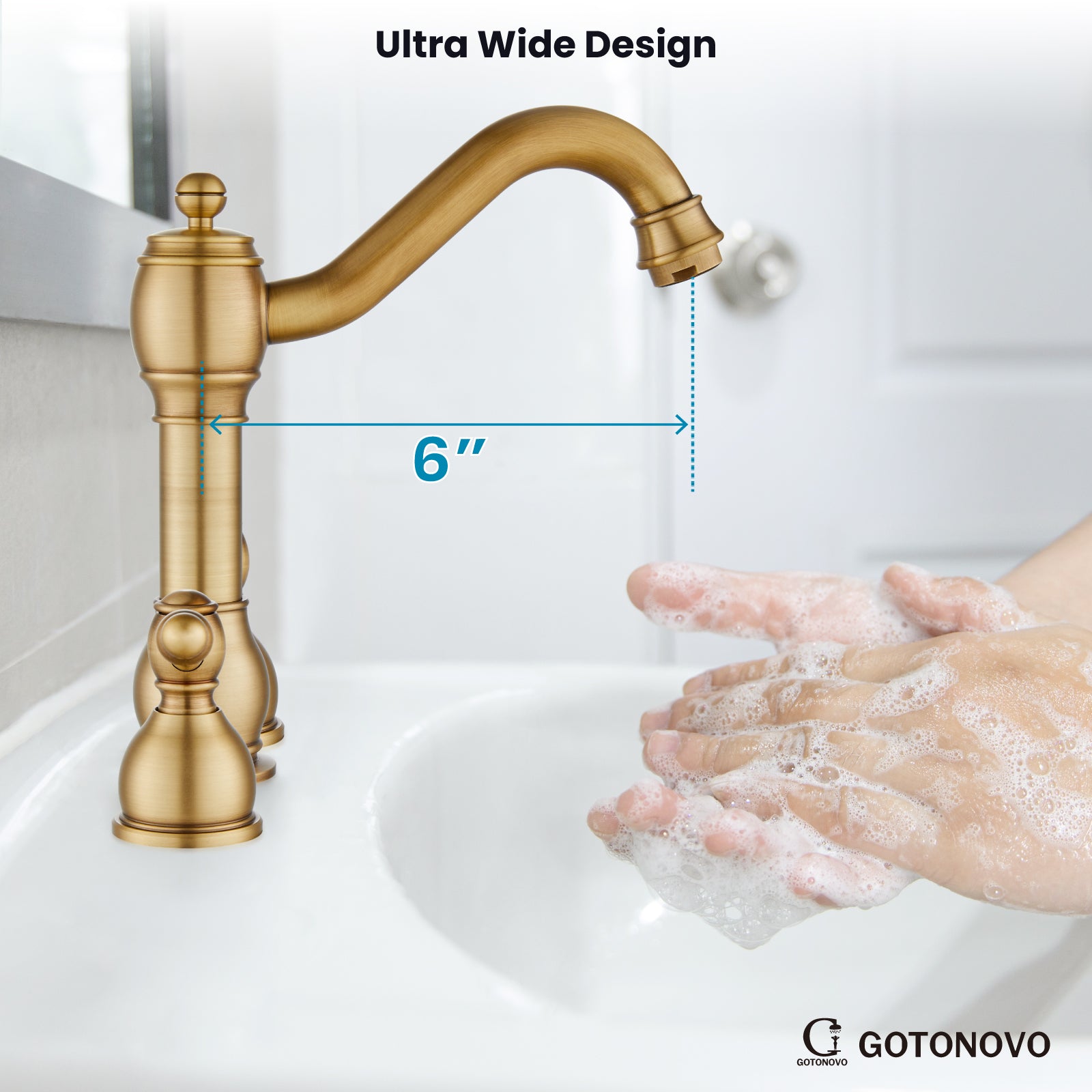 gotonovo 8 Inch Widespread Bathroom Faucets for Sink 3 Hole 2 Lever Handle Deck Mount with Pop Up Drain Hot and Cold Water Supply Lines — thumbnail 3