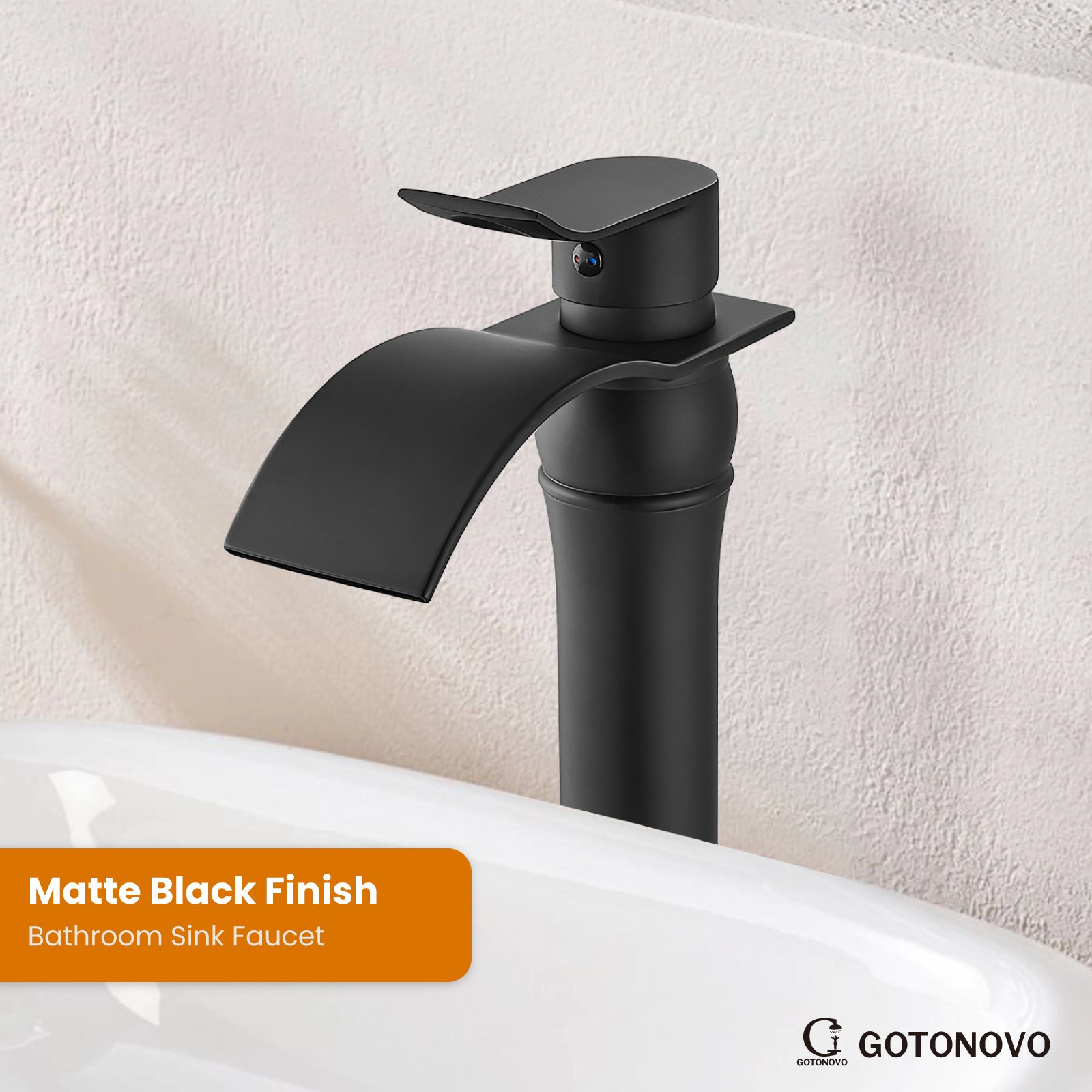 gotonovo Waterfall Vessel Sink Faucet for Sink 1 Hole,Single Handle Tall Bathroom Sink Faucet,Brass Waterfall Bathroom Faucet Arc Body Mixer Tap with Pop Up Drain and Supply Line — thumbnail 2