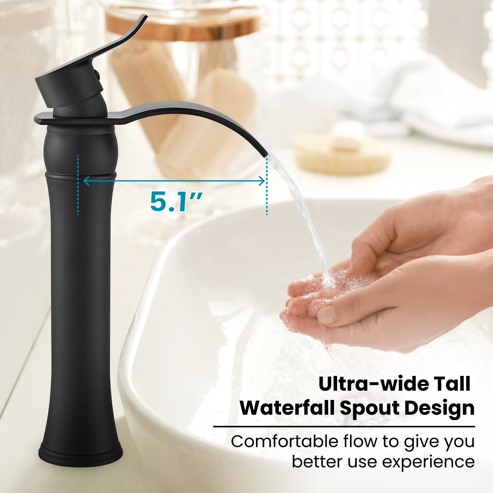 gotonovo Waterfall Vessel Sink Faucet for Sink 1 Hole,Single Handle Tall Bathroom Sink Faucet,Brass Waterfall Bathroom Faucet Arc Body Mixer Tap with Pop Up Drain and Supply Line — thumbnail 3