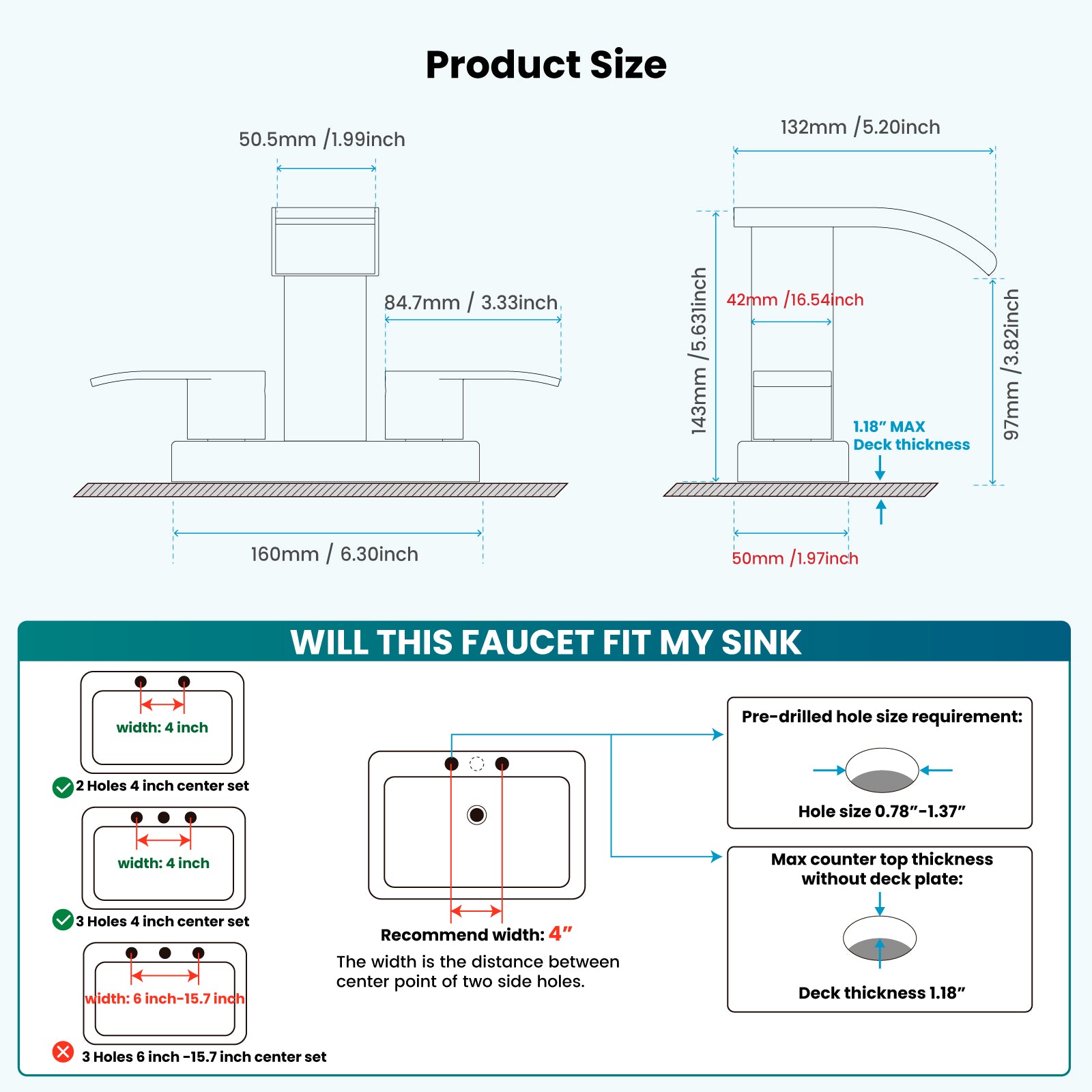 gotonovo 4 Inch Centerset Waterfall Bathroom Sink Faucet Deck Mount 2 Handle Basin Faucets 2 or 3 Hole with Pop Up Drain Included Lavatory Modern Mixer Tap Vanity Faucet — thumbnail 3