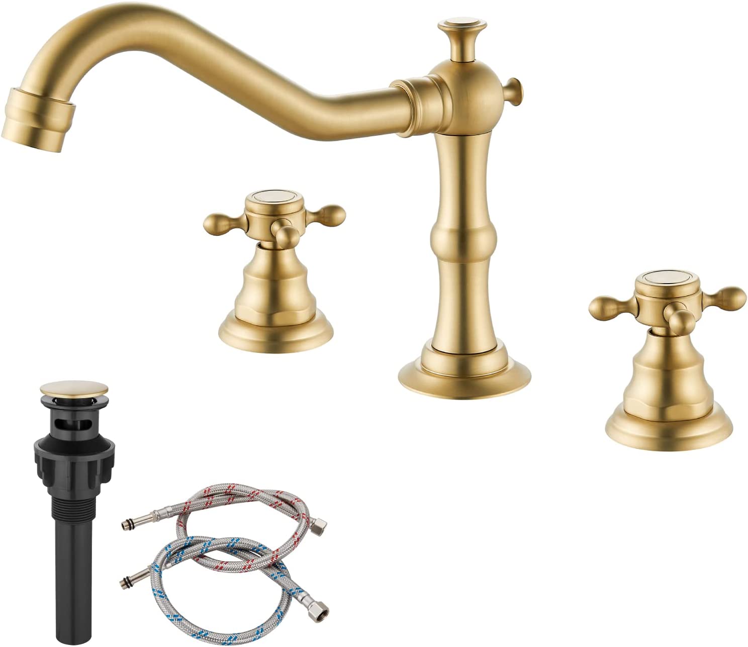 gotonovo Victorian Widespread Three Holes Deck Mounted Bathroom Sink Faucet with Pop Up Drain with Overflow