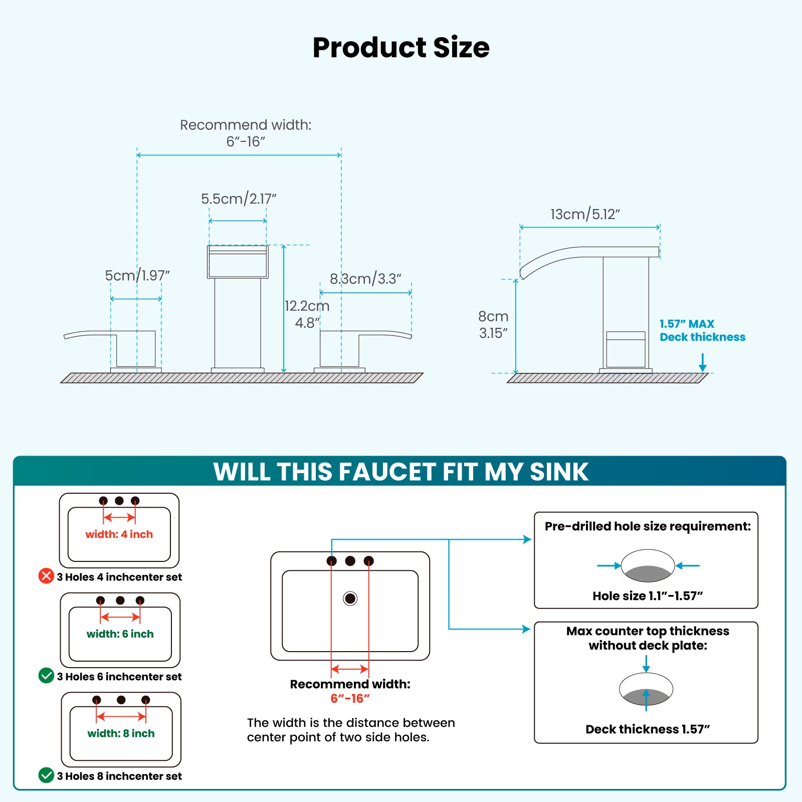gotonovo Waterfall 8 inch Widespread Bathroom Faucet Set Bathroom Sink Faucet 3 Hole 2 Handle Vanity Lavatory Deck Mount with Pop Up Drain and Water Supply Lines — thumbnail 2