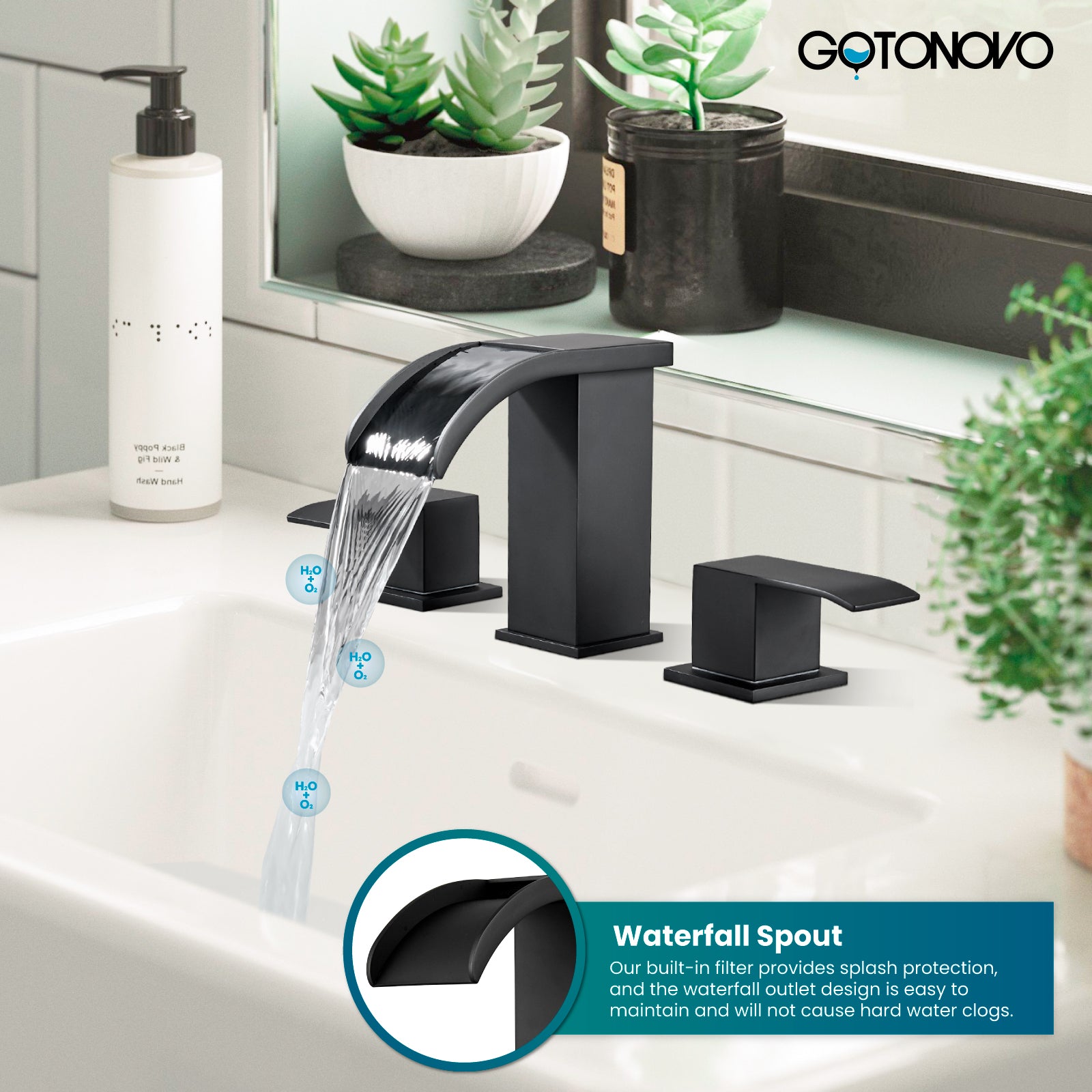 gotonovo Waterfall 8 inch Widespread Bathroom Faucet Set Bathroom Sink Faucet 3 Hole 2 Handle Vanity Lavatory Deck Mount with Pop Up Drain and Water Supply Lines — thumbnail 3