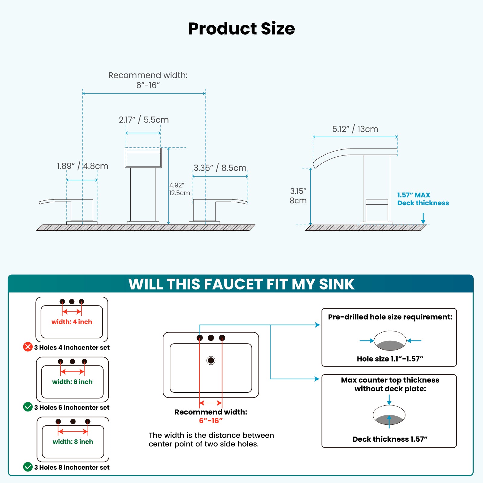 gotonovo 8 inch Waterfall Widespread Bathroom Faucet Set Bathroom Sink Faucet 3 Hole 2 Handle Vanity Lavatory Deck Mount with Pop Up Drain and Water Supply Lines — thumbnail 2