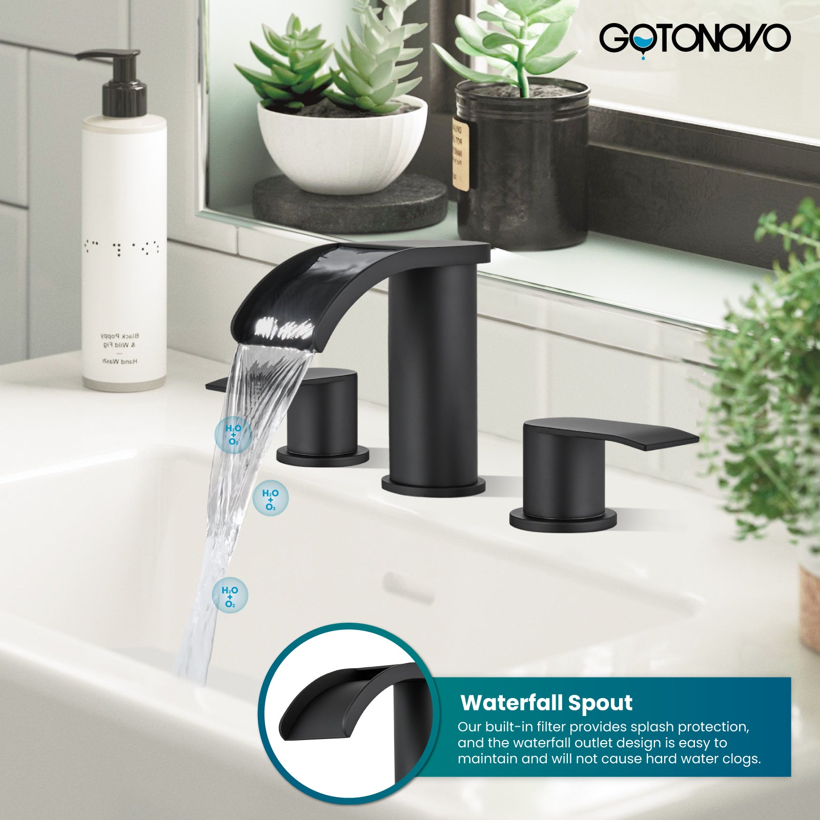 gotonovo 8 inch Waterfall Widespread Bathroom Faucet Set Bathroom Sink Faucet 3 Hole 2 Handle Vanity Lavatory Deck Mount with Pop Up Drain and Water Supply Lines — thumbnail 3