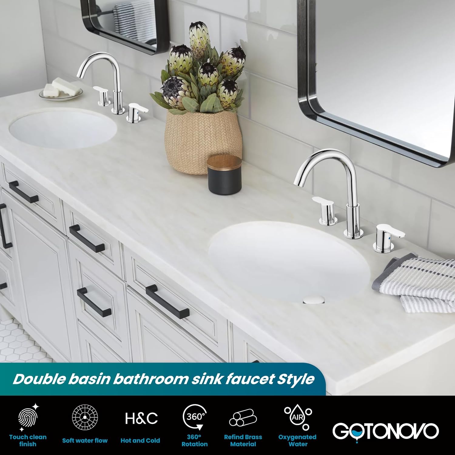 gotonovo Bathroom Faucets for Sink 3 Hole 2 Handles Bathroom Sink Widespread Faucet with Pop Up Drain,Waterlines Bathroom Sink Fixtures — thumbnail 2